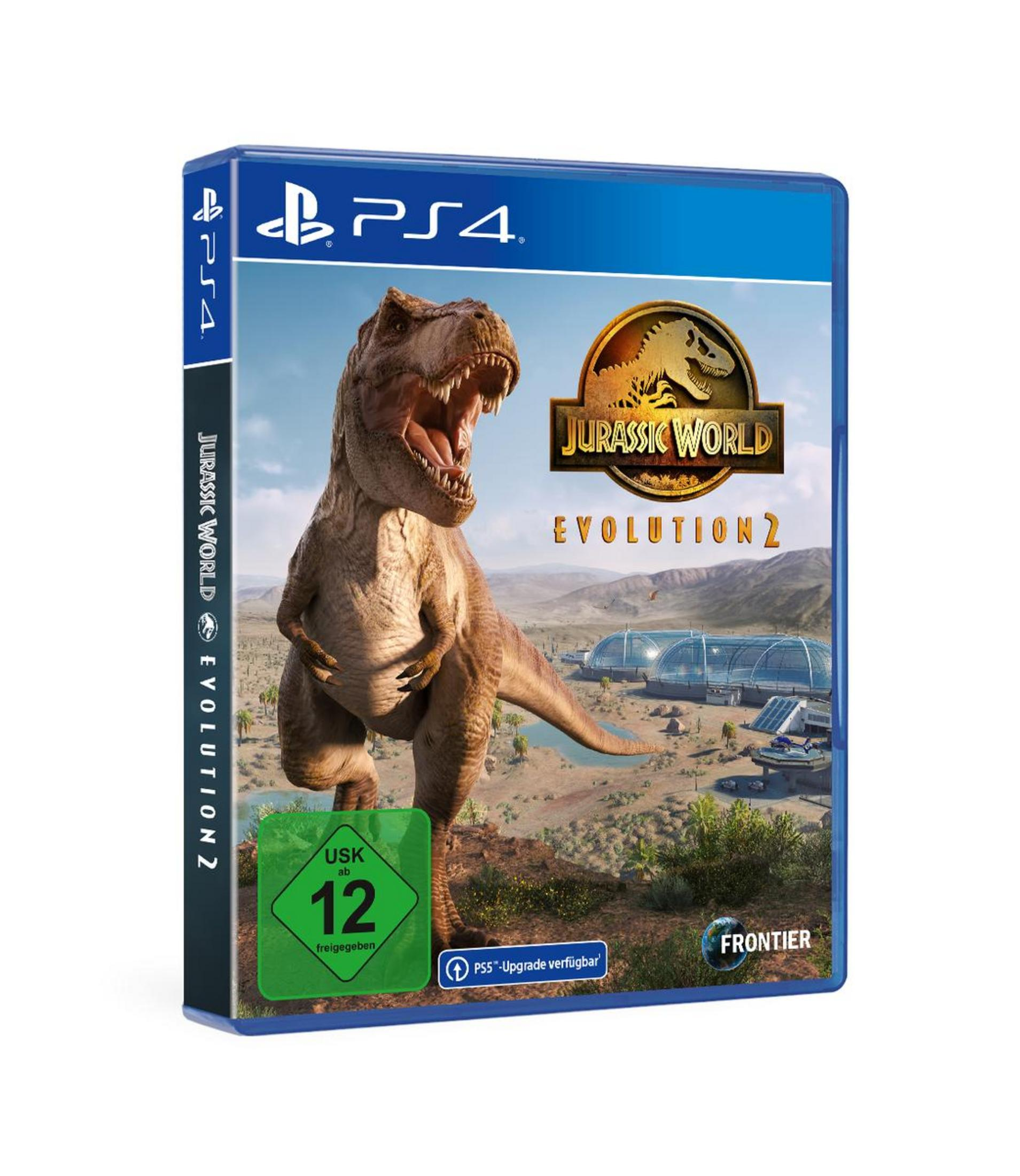 Spielbox für Jurassic World Evolution 2, T-Rex auf dem Cover.