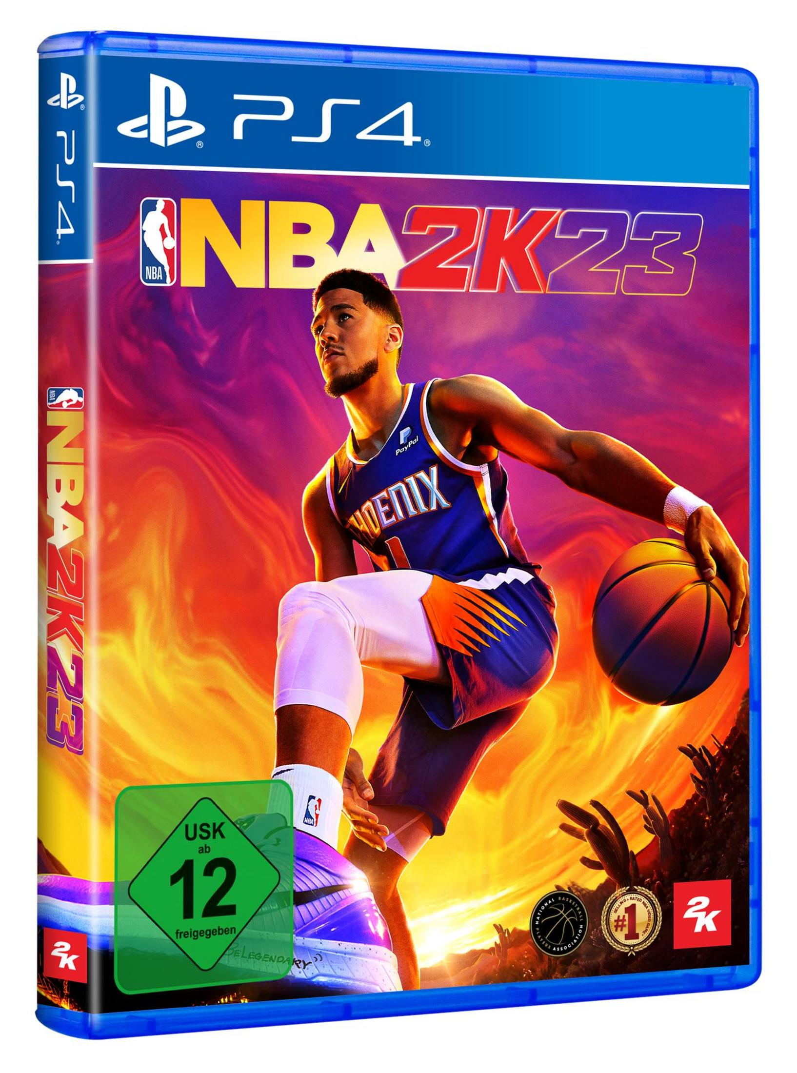 PS4-Spielhülle: NBA 2K23, mit einem Basketballspieler im Phoenix Suns-Trikot, mit Feuer-Hintergrund.