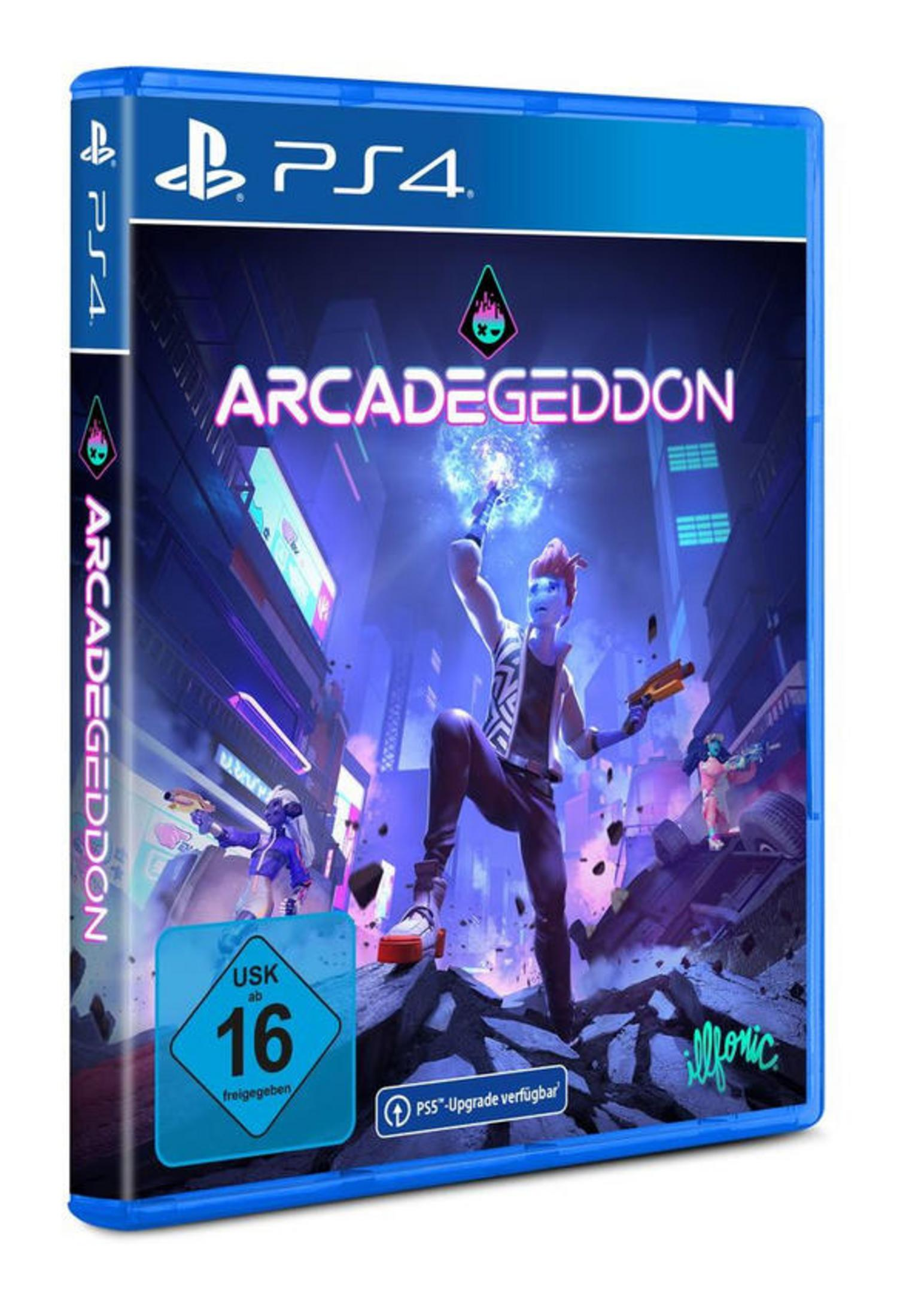 Arcadeggedon-Spielbox. Cartoon-Charaktere in einer Stadtkulisse. PS4-Logo oben links.