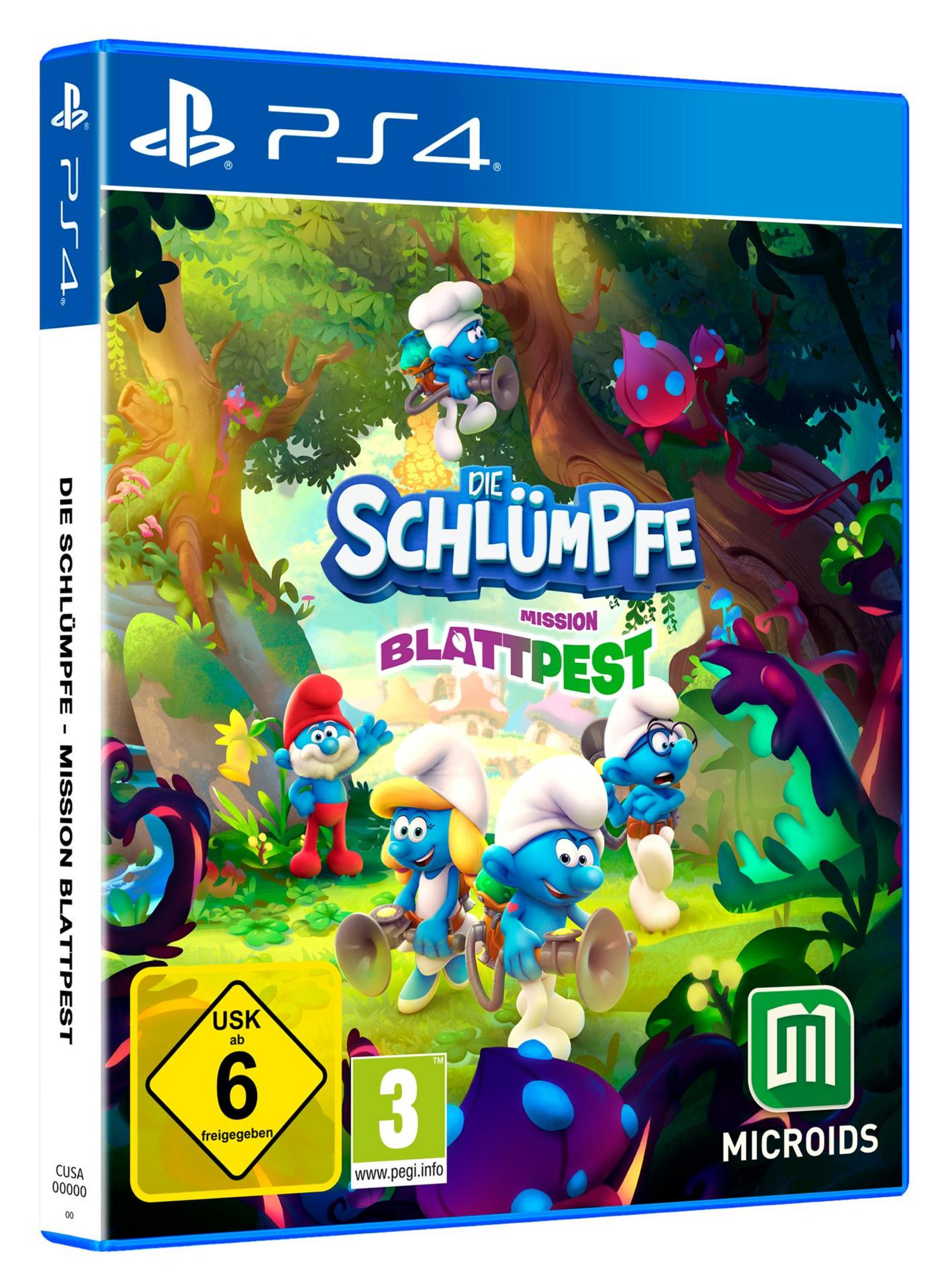 PS4-Spielbox: Die Schlümpfe - Mission Blattpest. Zeigt Schlümpfe-Charaktere. Blaue Hülle mit Titeltext.