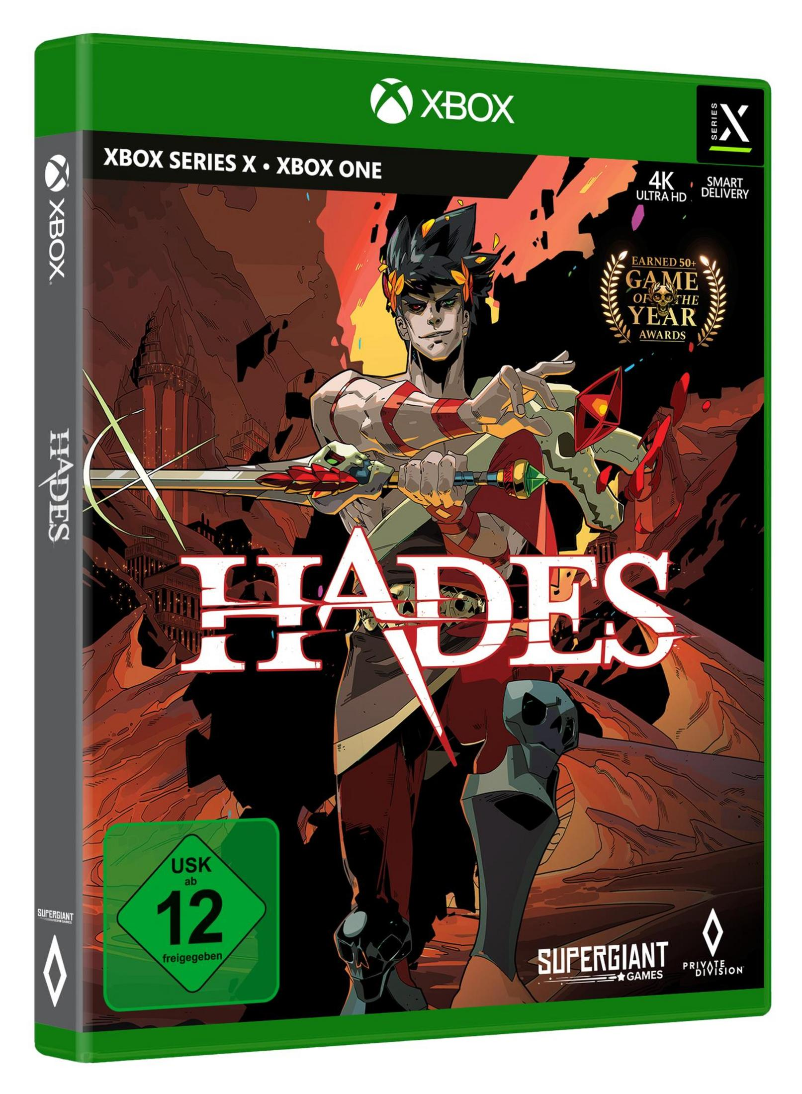 Xbox Series X-Spielbox für 'Hades', mit Artwork eines Charakters und Schwert.