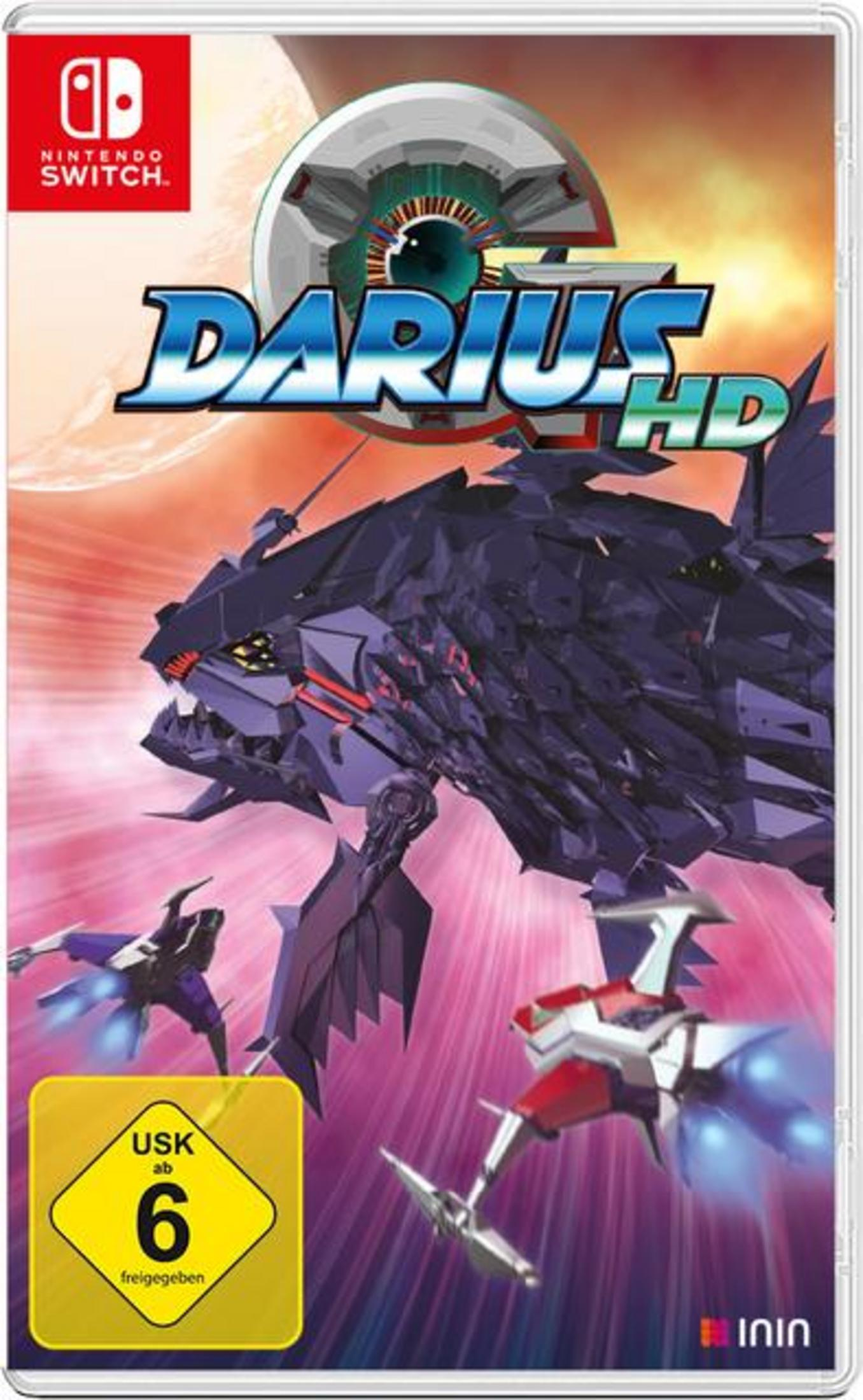 Scatola del gioco Darius HD per Switch. Astronave futuristica e creatura sulla copertina. Sfondo spaziale viola e rosa.