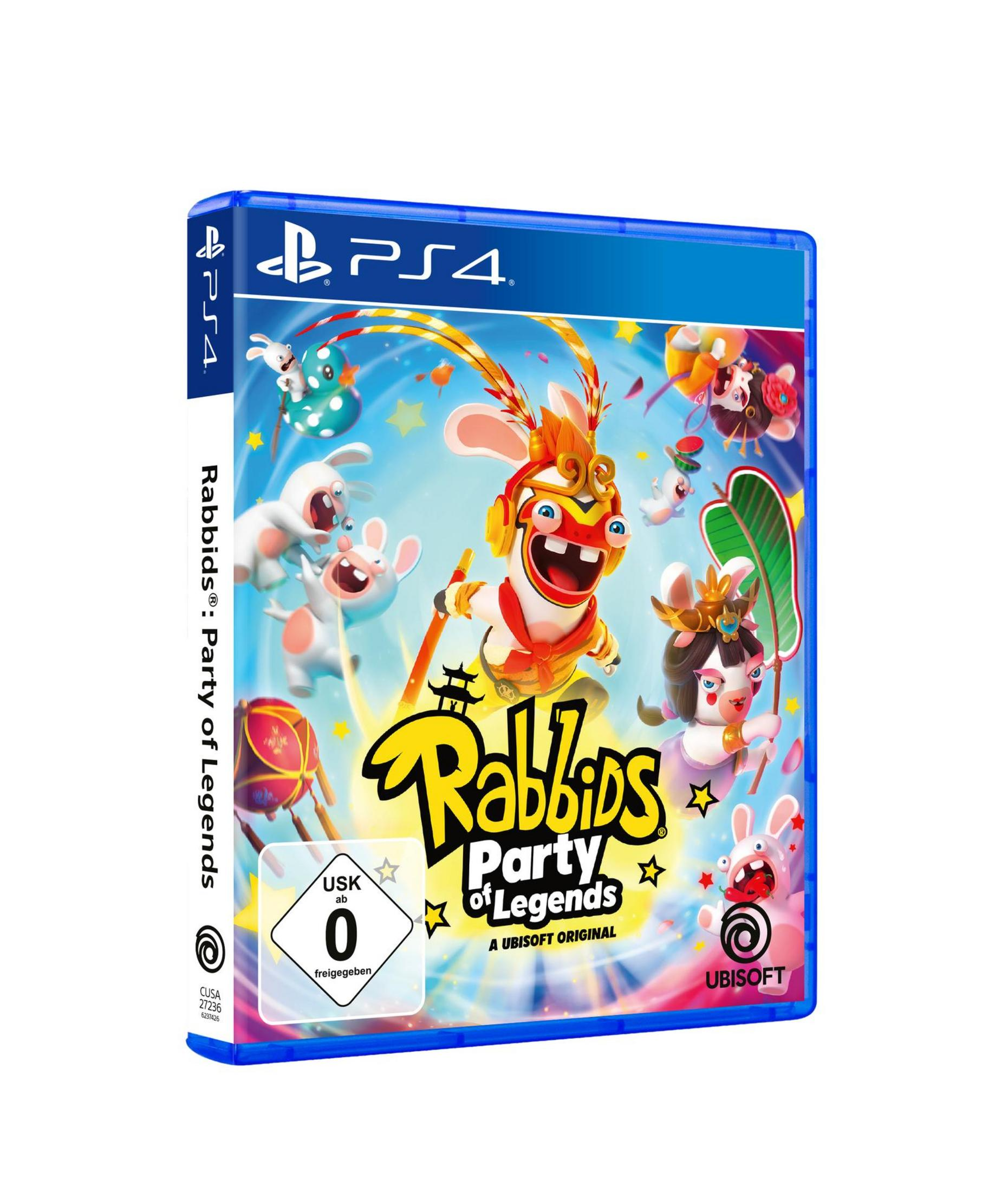 PS4-Spielhülle: Rabbids: Party of Legends. Rabbids sind in verschiedenen Posen mit Party-Thema gezeigt.