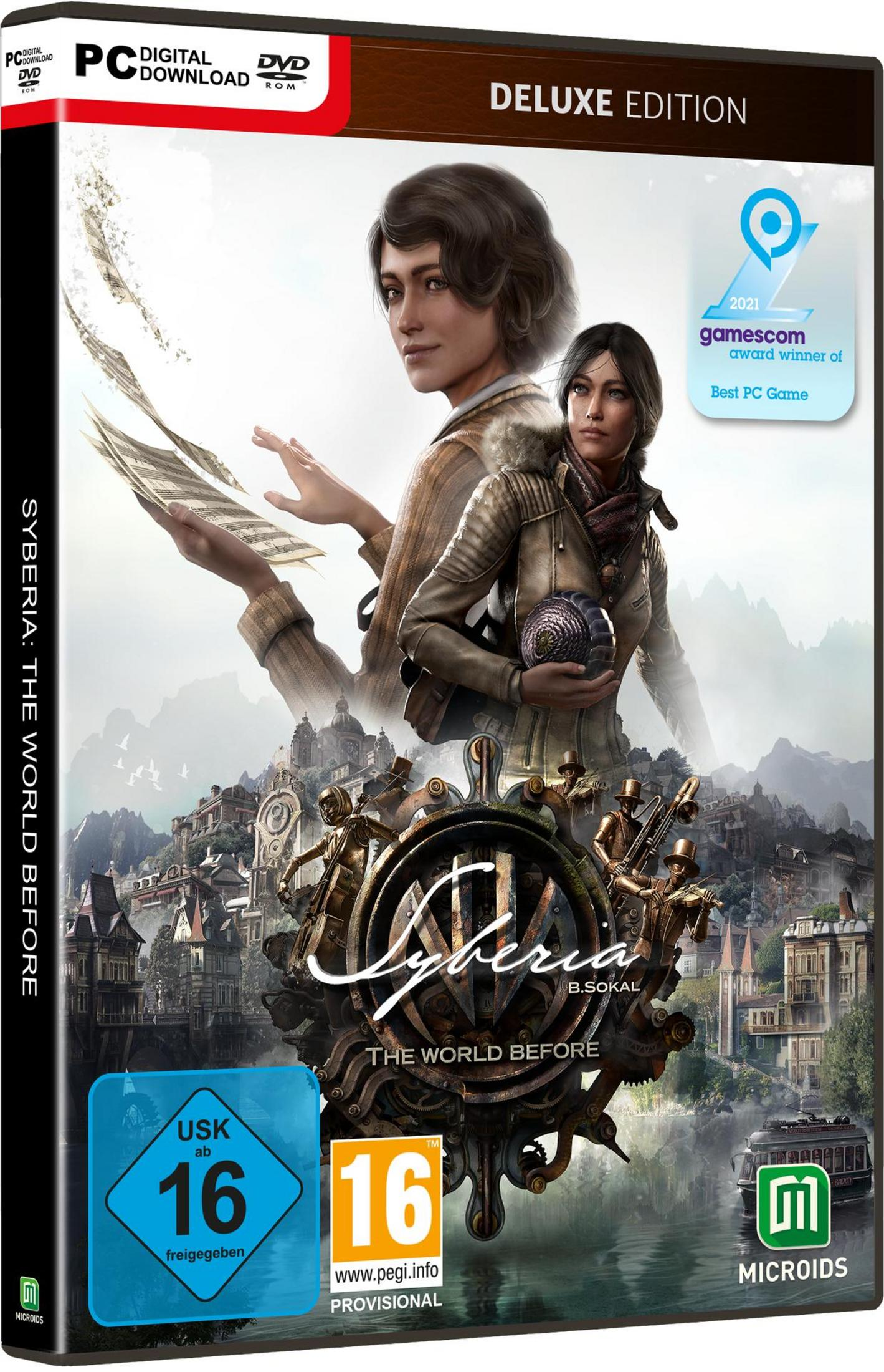 Syberia: The World Before Deluxe Edition PC-Spielhülle. Zwei Frauen auf dem Cover, mit komplexem Hintergrund.