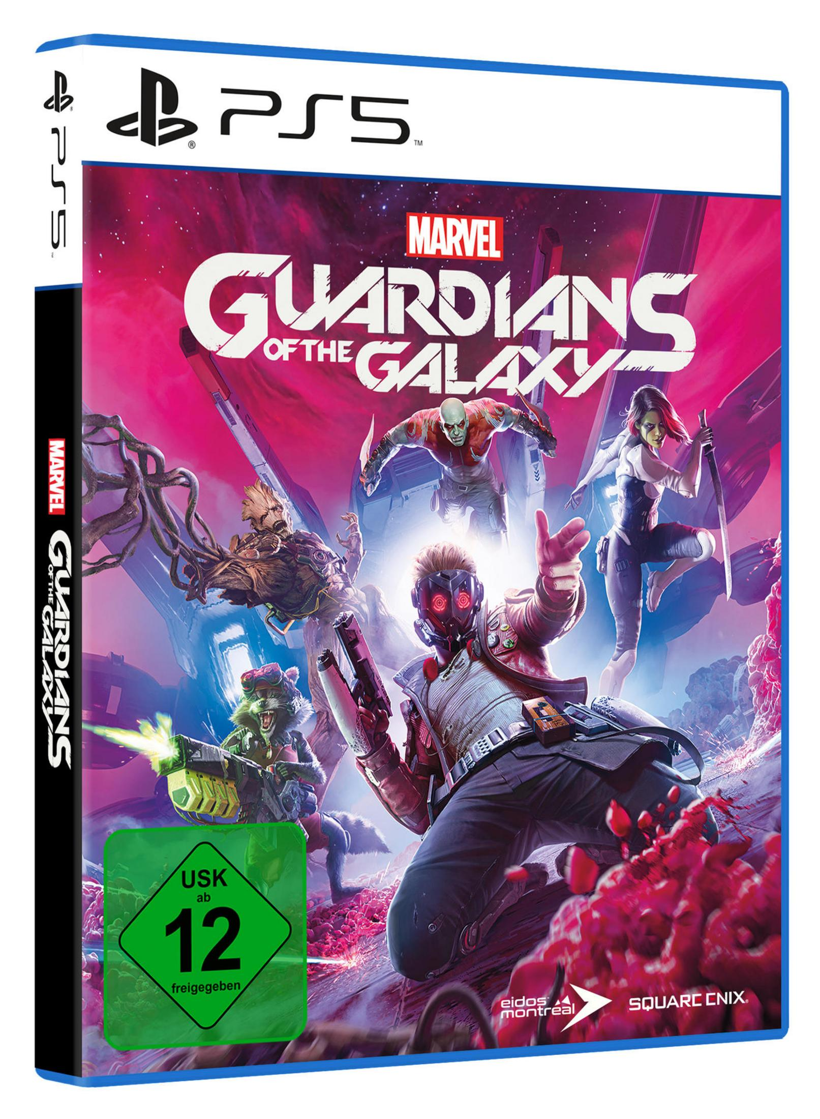 PS5-Spielhülle: Marvel's Guardians of the Galaxy. Zeigt Star-Lord und andere Charaktere in Aktion.