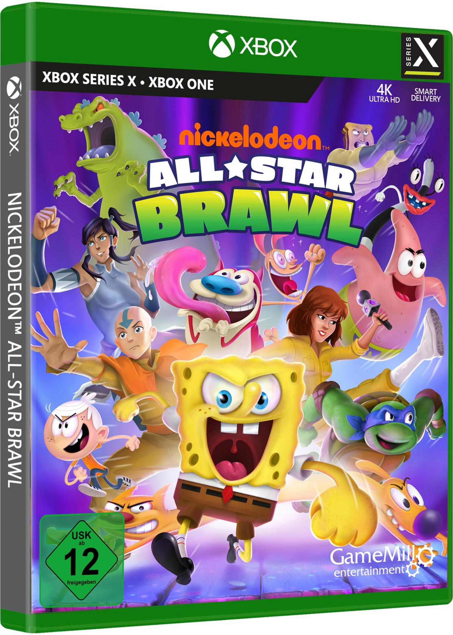 Nickelodeon All-Star Brawl Spielbox. Viele Charaktere von Nickelodeon. SpongeBob steht im Mittelpunkt. Xbox Logo.
