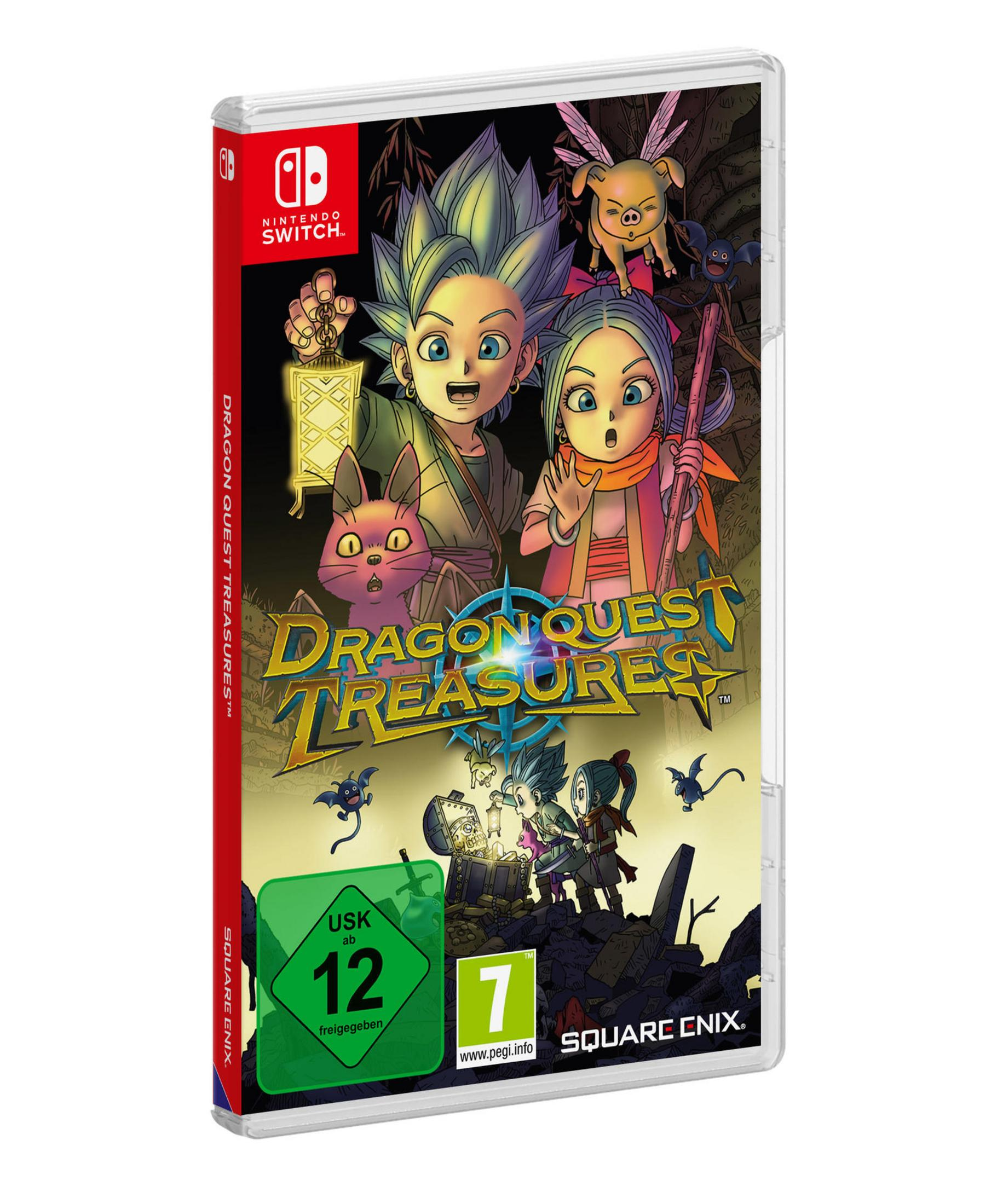 Dragon Quest Treasures Spielhülle, mit zwei Charakteren und Fantasy-Kreaturen.