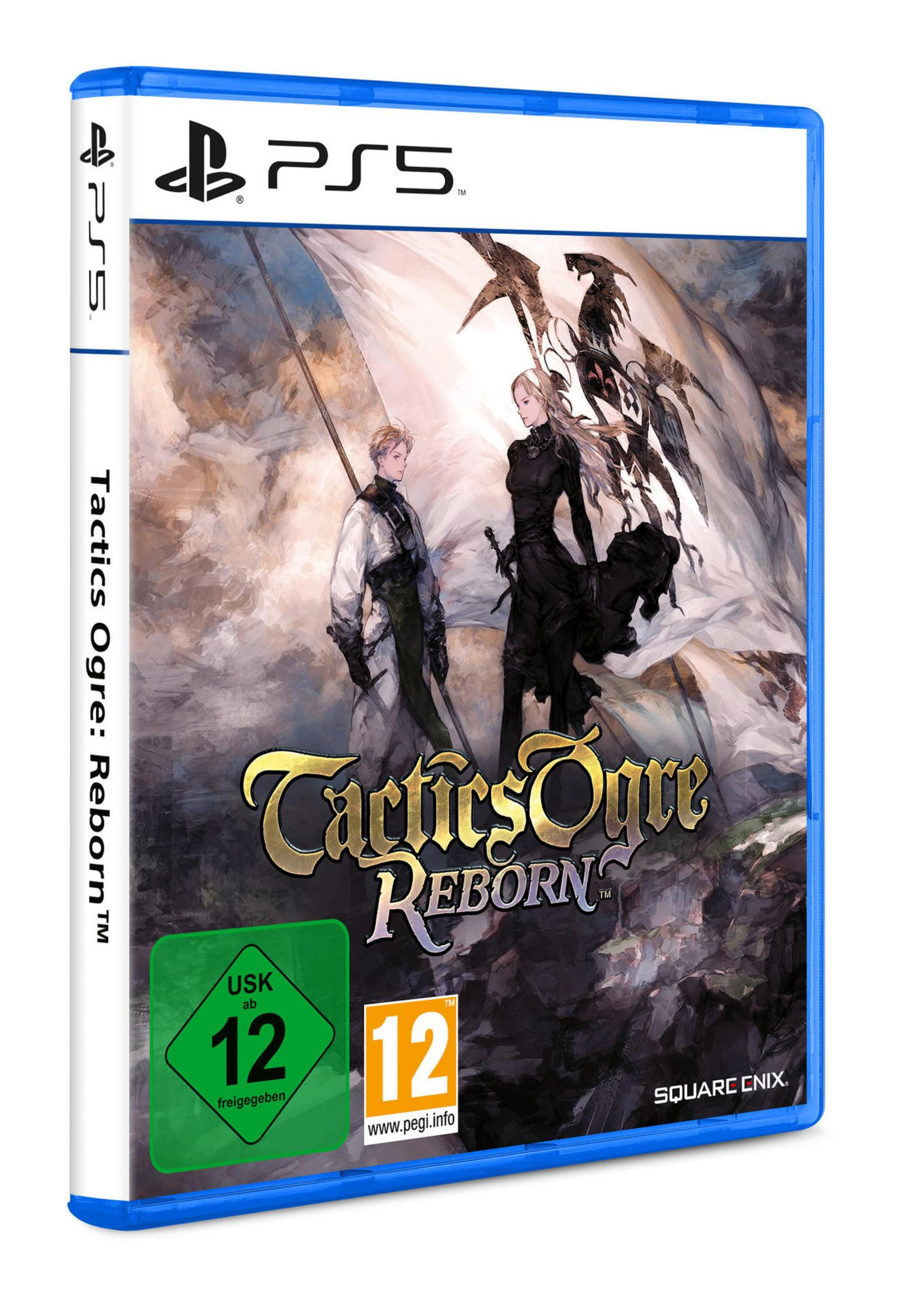 Spielcover von 'Tactics Ogre: Reborn' auf PS5, mit zwei Charakteren und einem Fantasy-Hintergrund.