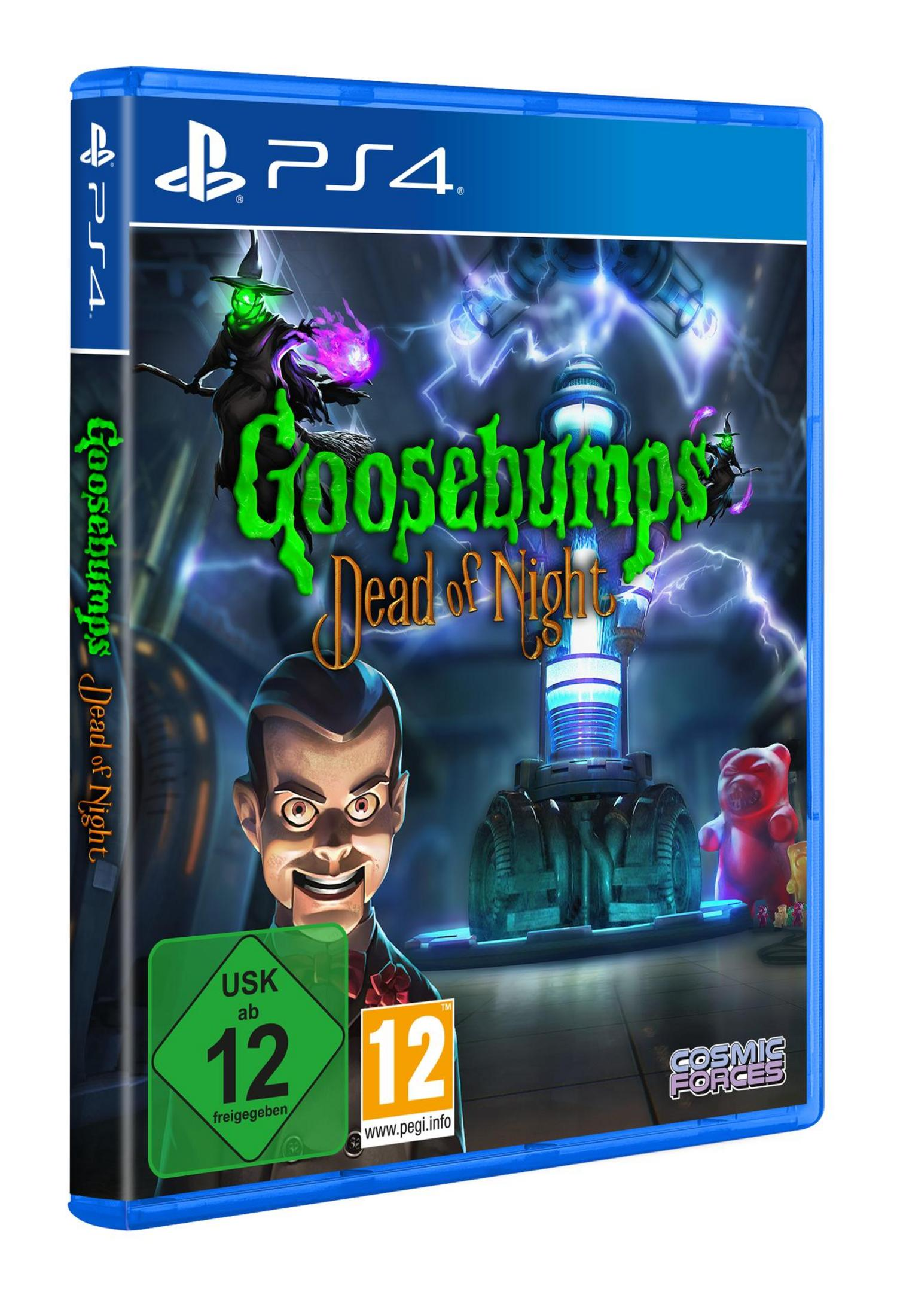Spielcover: Slappy die Puppe, mit grünen und lila Bildern. Text: Goosebumps Dead of Night.