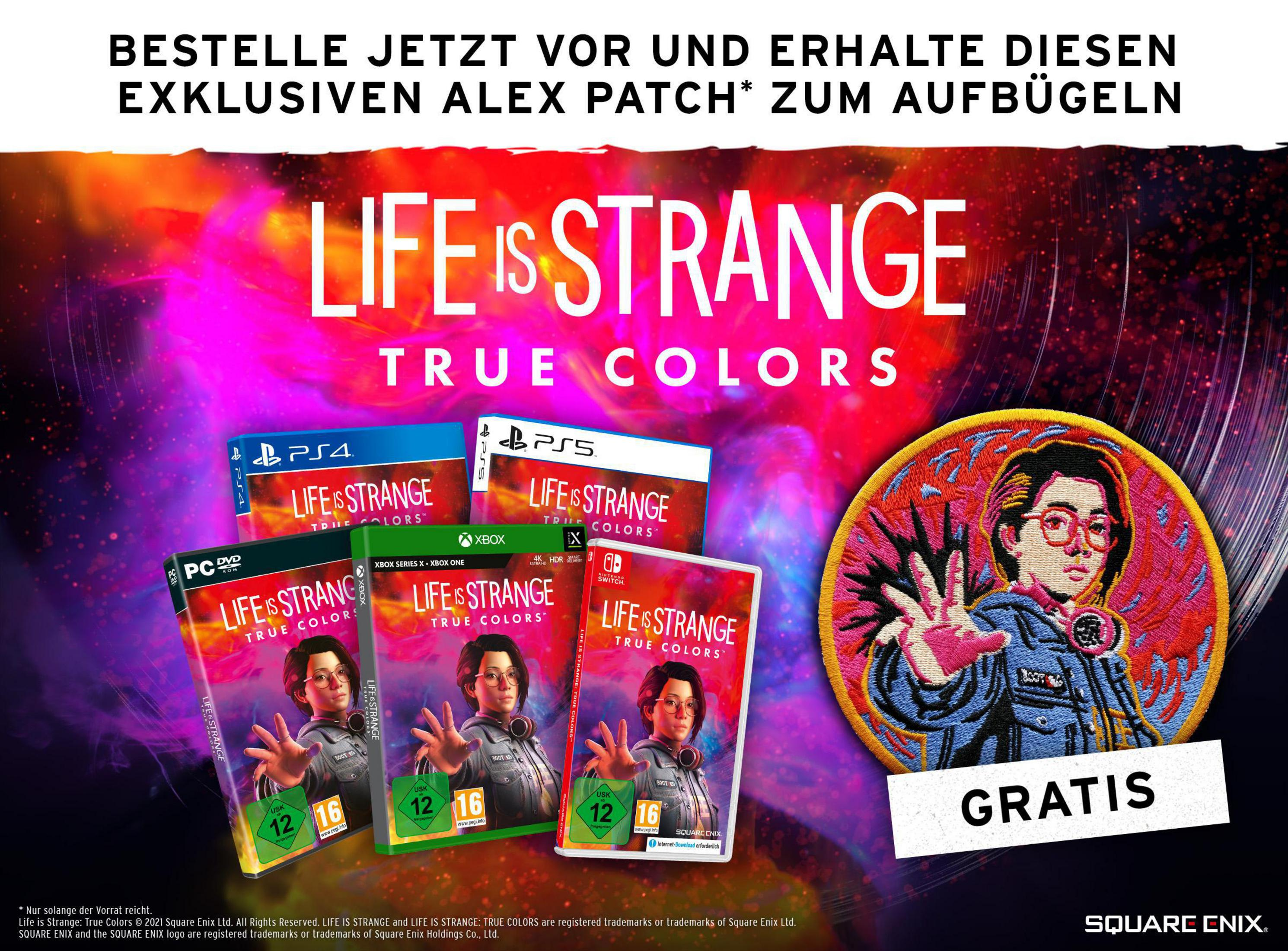 Werbebild mit Spieleboxen für Life is Strange und einem Aufnäher.