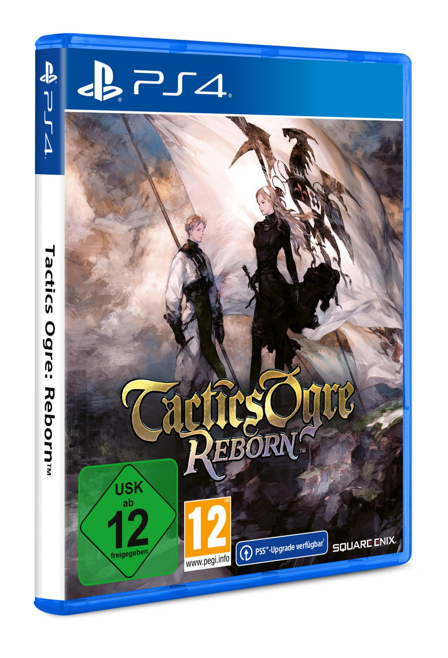 Tactics Ogre: Reborn PS4-Spielbox. Zwei Figuren vorne. Der Hintergrund ist ein Gemälde.