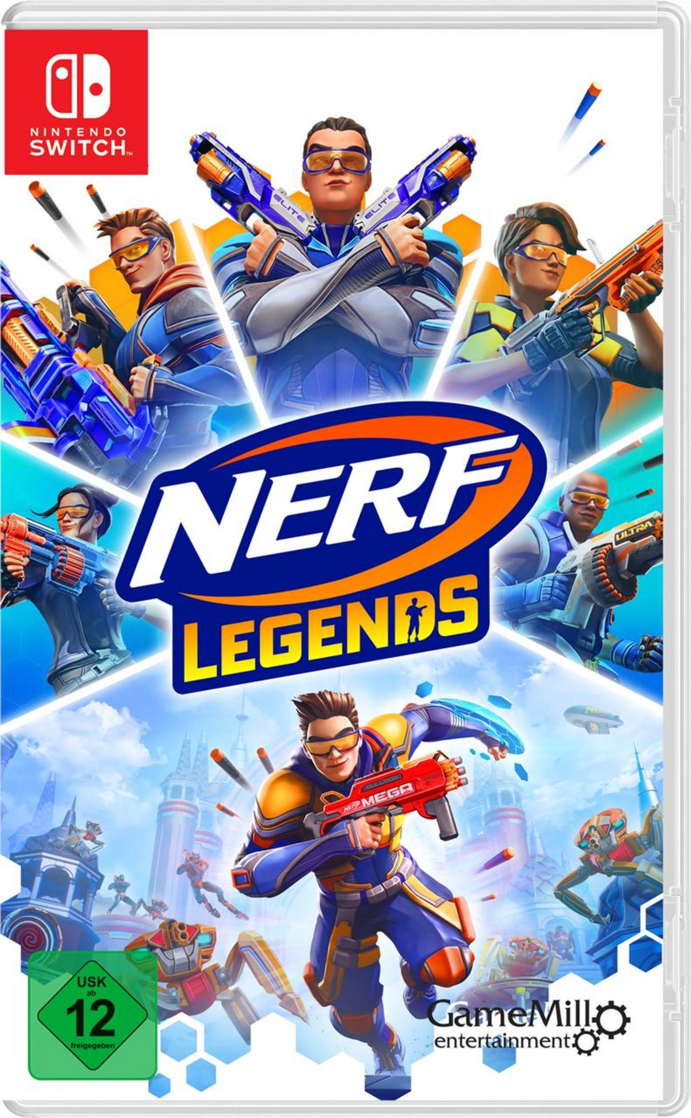 Nerf Legends Nintendo Switch-Spielbox. Die Box hat bunte Illustrationen von Charakteren.