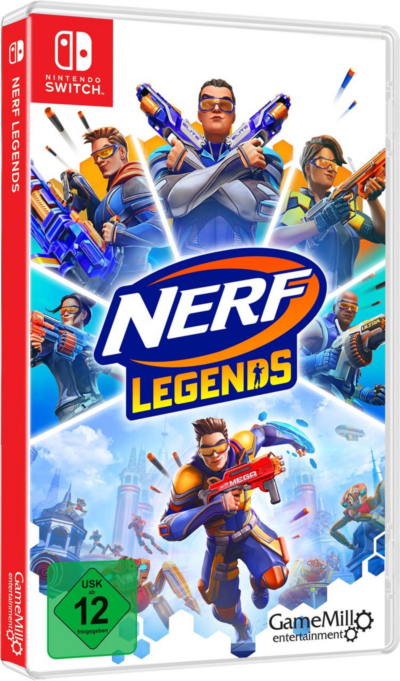 Nintendo Switch-Spielbox: Nerf Legends, Charaktere mit Nerf-Gewehren auf dem Cover.