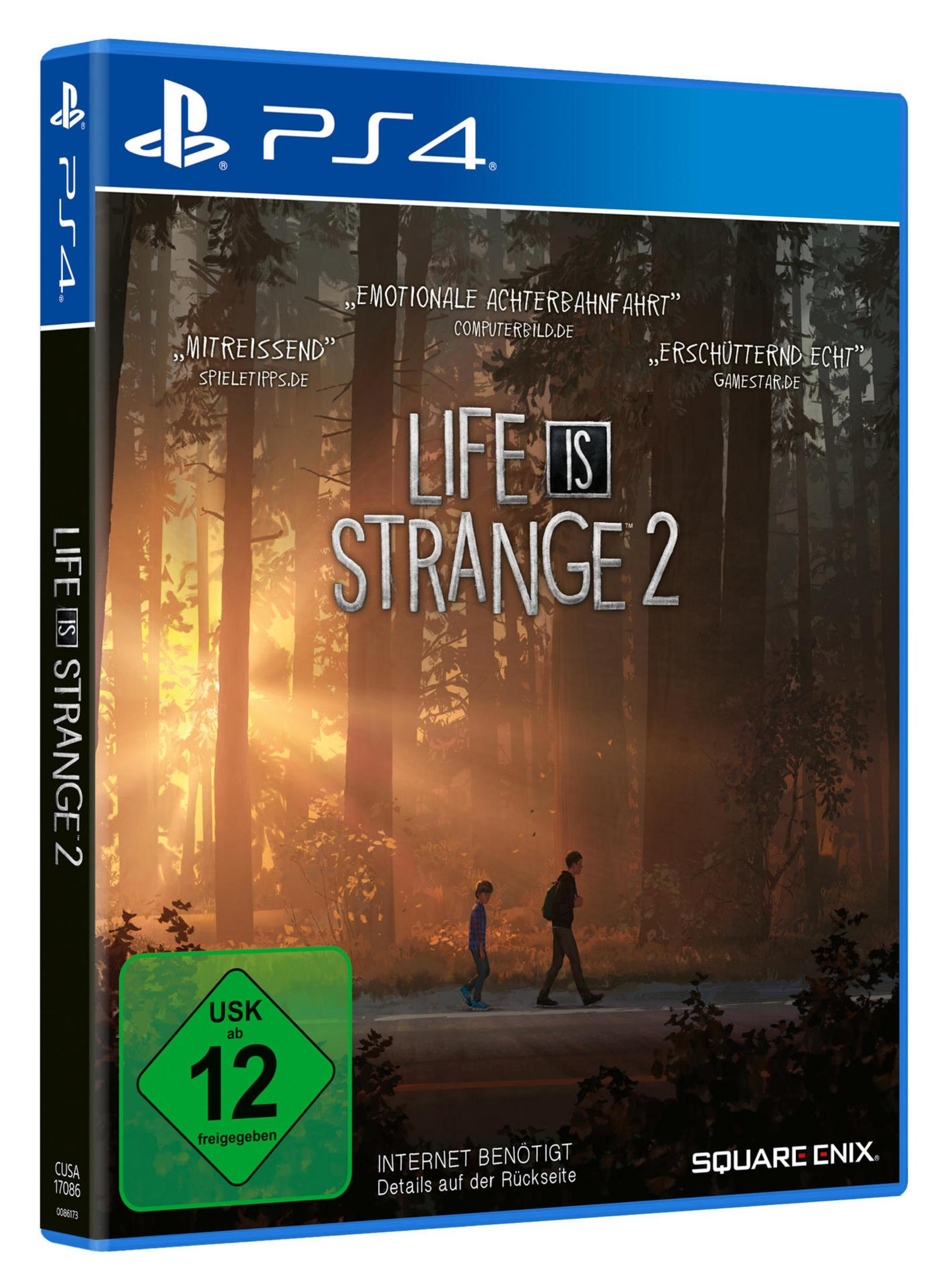 Life is Strange 2 Spielcover. Zwei Figuren gehen auf einem Pfad im Wald.