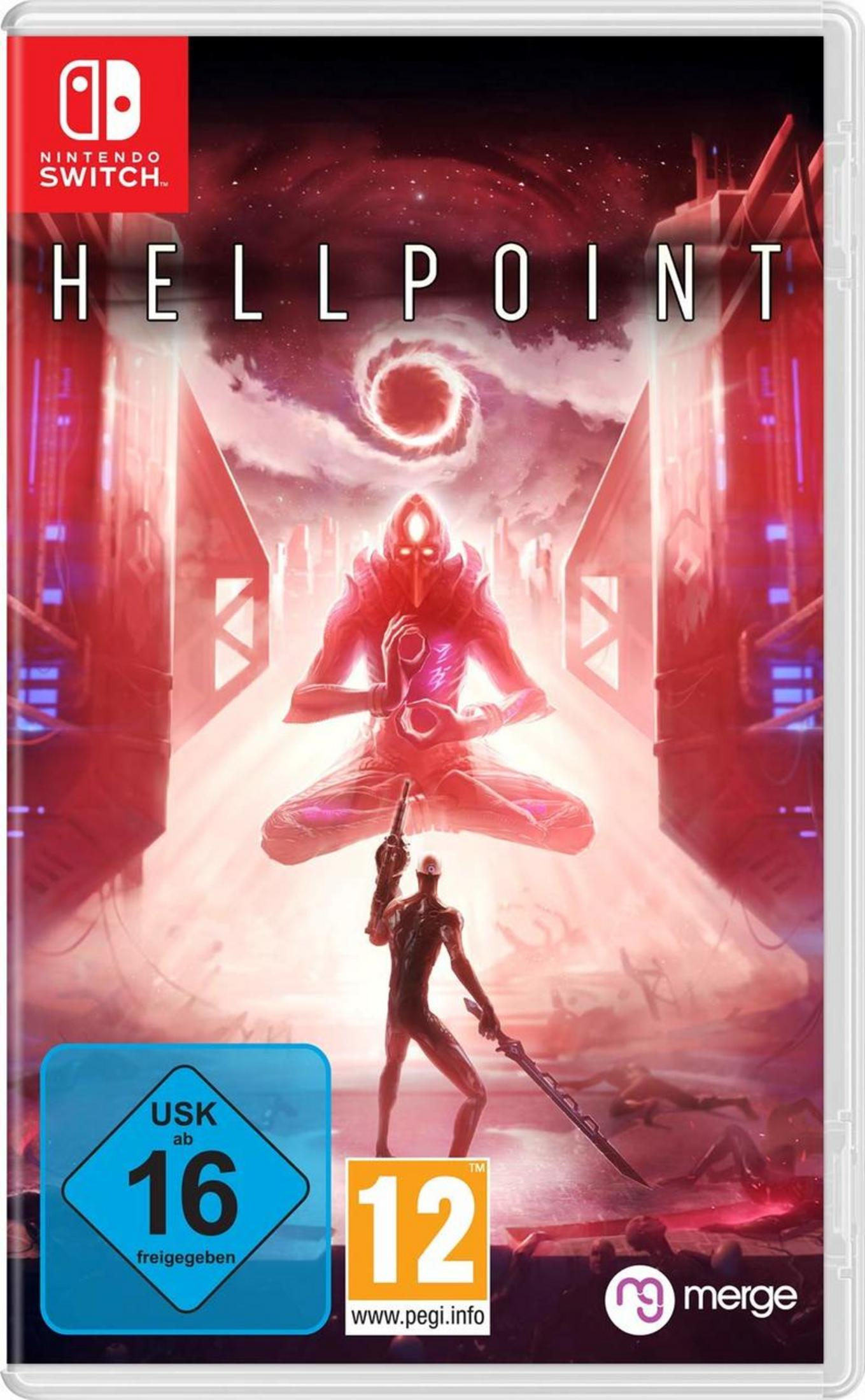 Spielcover für 'Hellpoint' auf Nintendo Switch. Zeigt eine Figur in Rot mit dunklem Hintergrund.