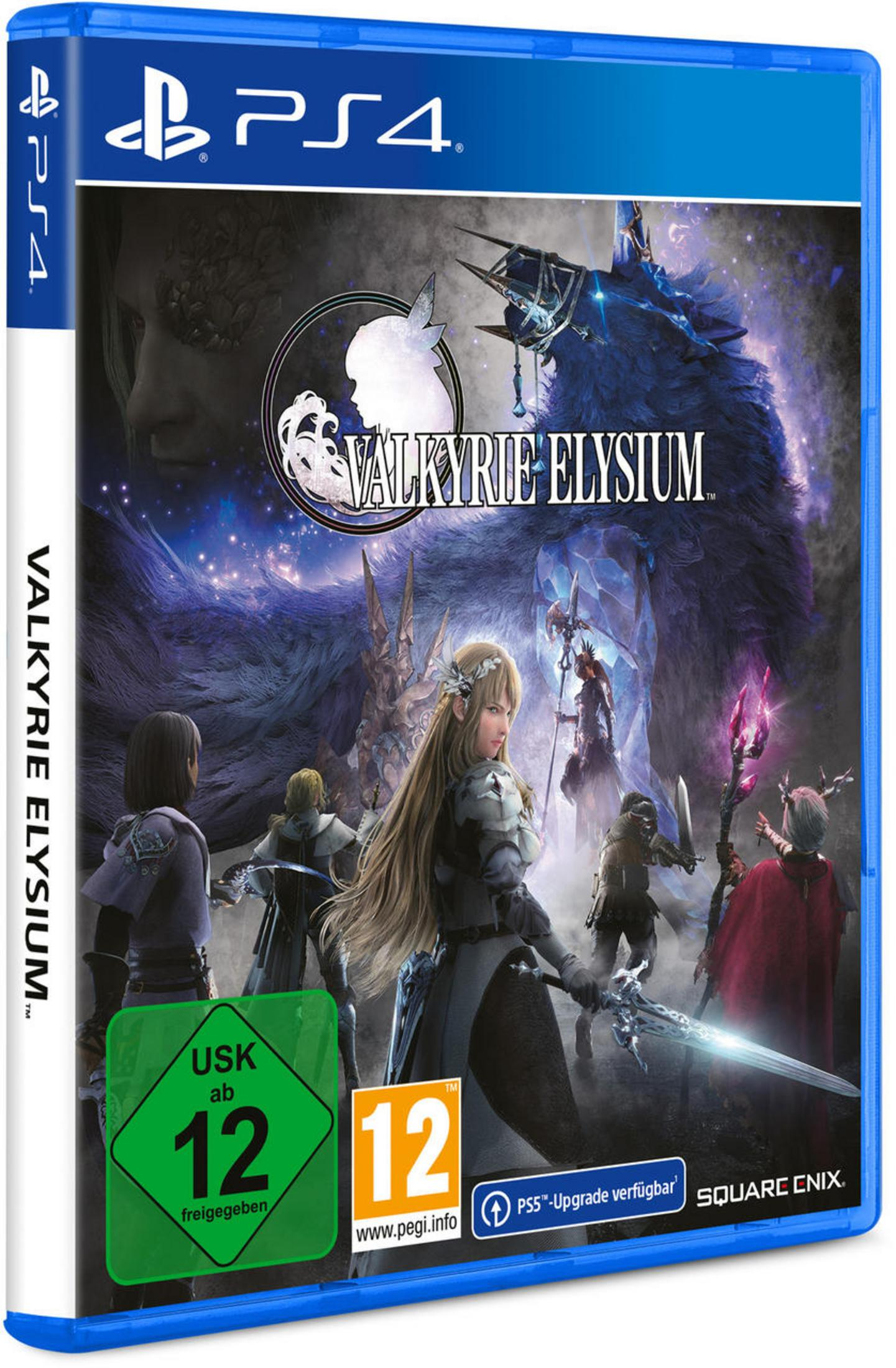 Spielbox mit Valkyrie Elysium, Charakteren und PS4-Logo. Blaue Hülle mit Spieldetails.