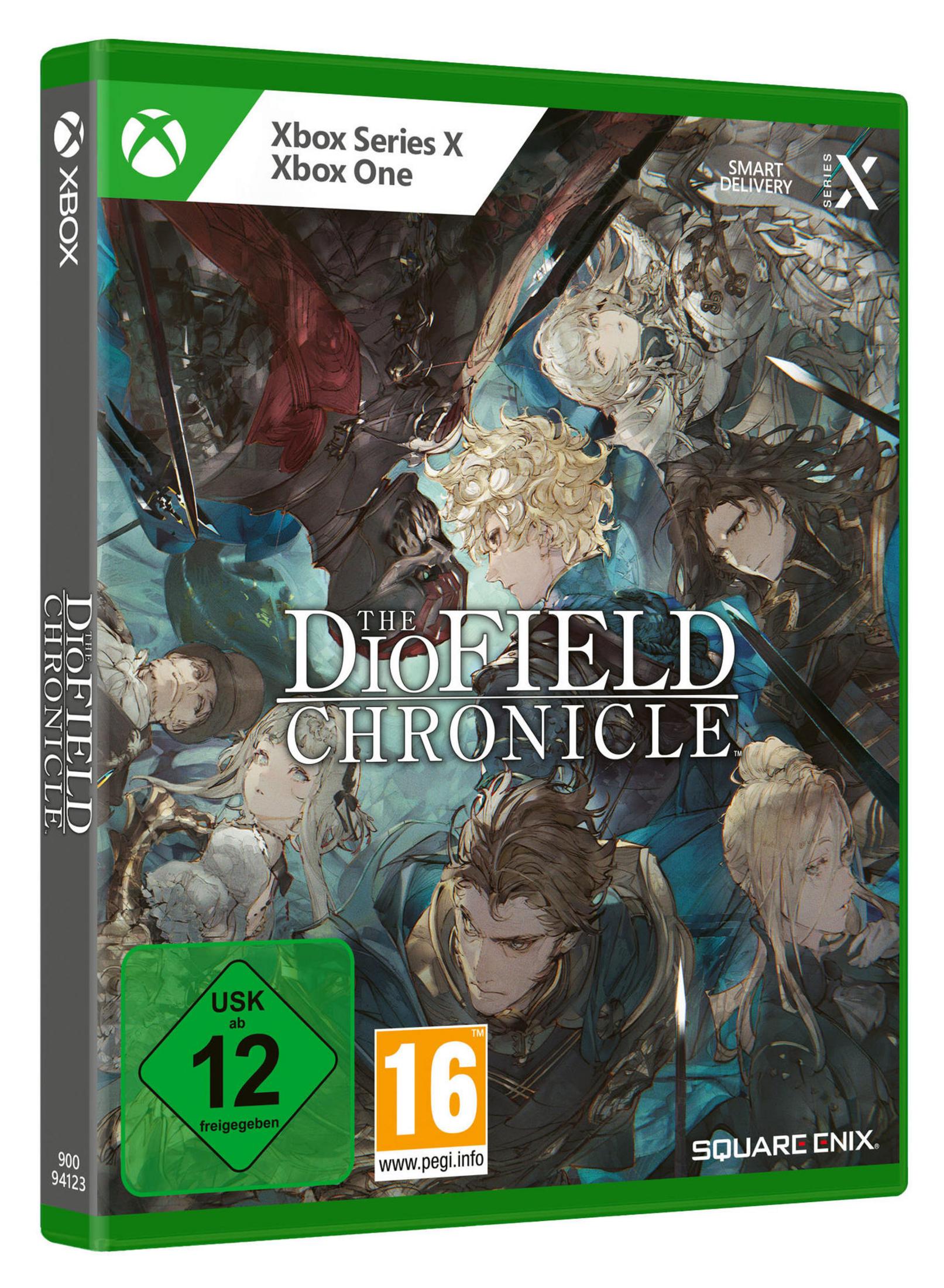 Die DioField Chronicle Spielbox, mit Charakterillustrationen und Logos.