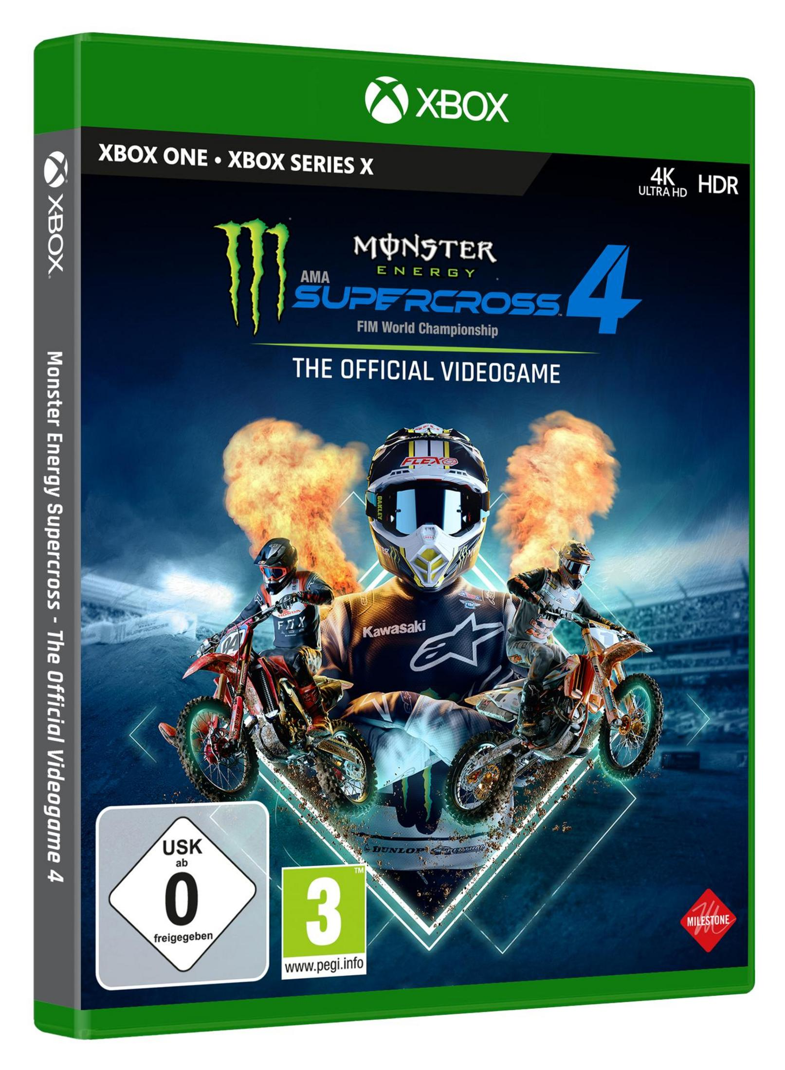 Monster Energy Supercross 4 Spielcover. Motorcross-Fahrer mit Feuer, grüne Xbox-Hülle und USK 0-Bewertung.