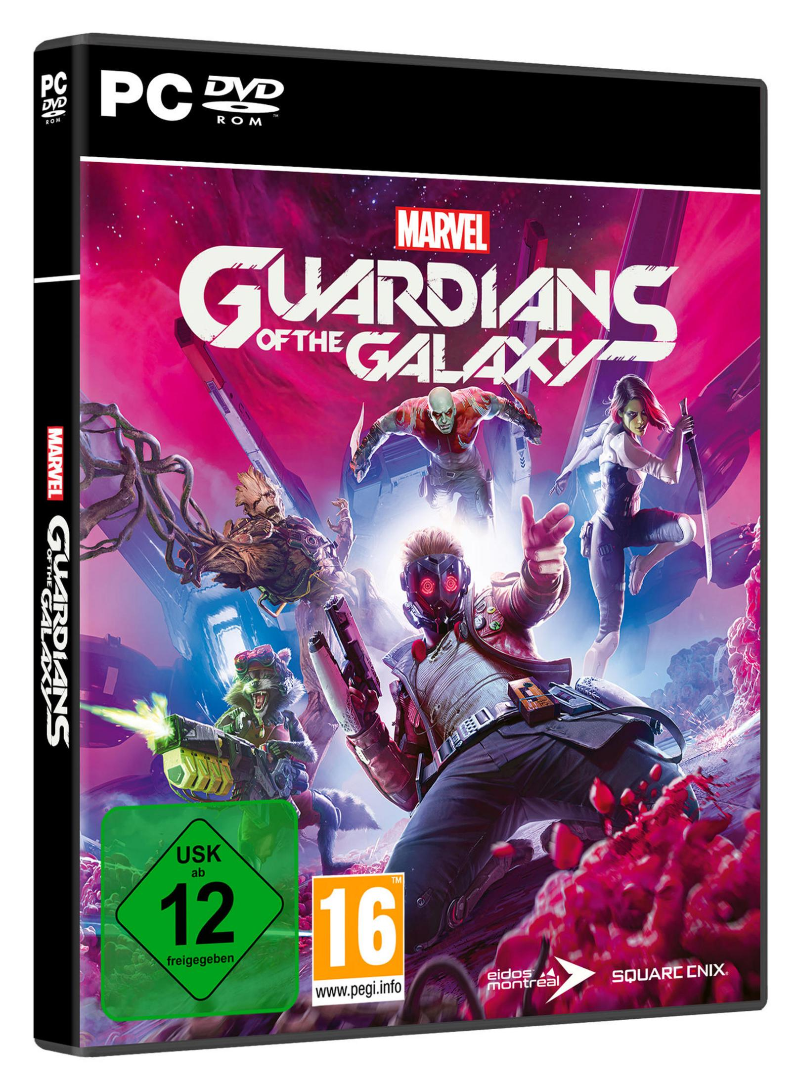 PC-Spielhülle für Marvel Guardians of the Galaxy. Mit Star-Lord und anderen Charakteren im Weltraum.