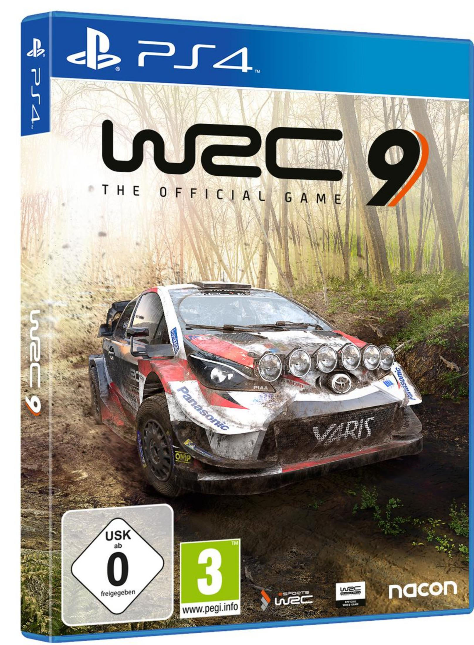 Das Cover eines PS4-Spiels mit dem Titel 'WRC 9: The Official Game' mit einem Rallye-Auto.
