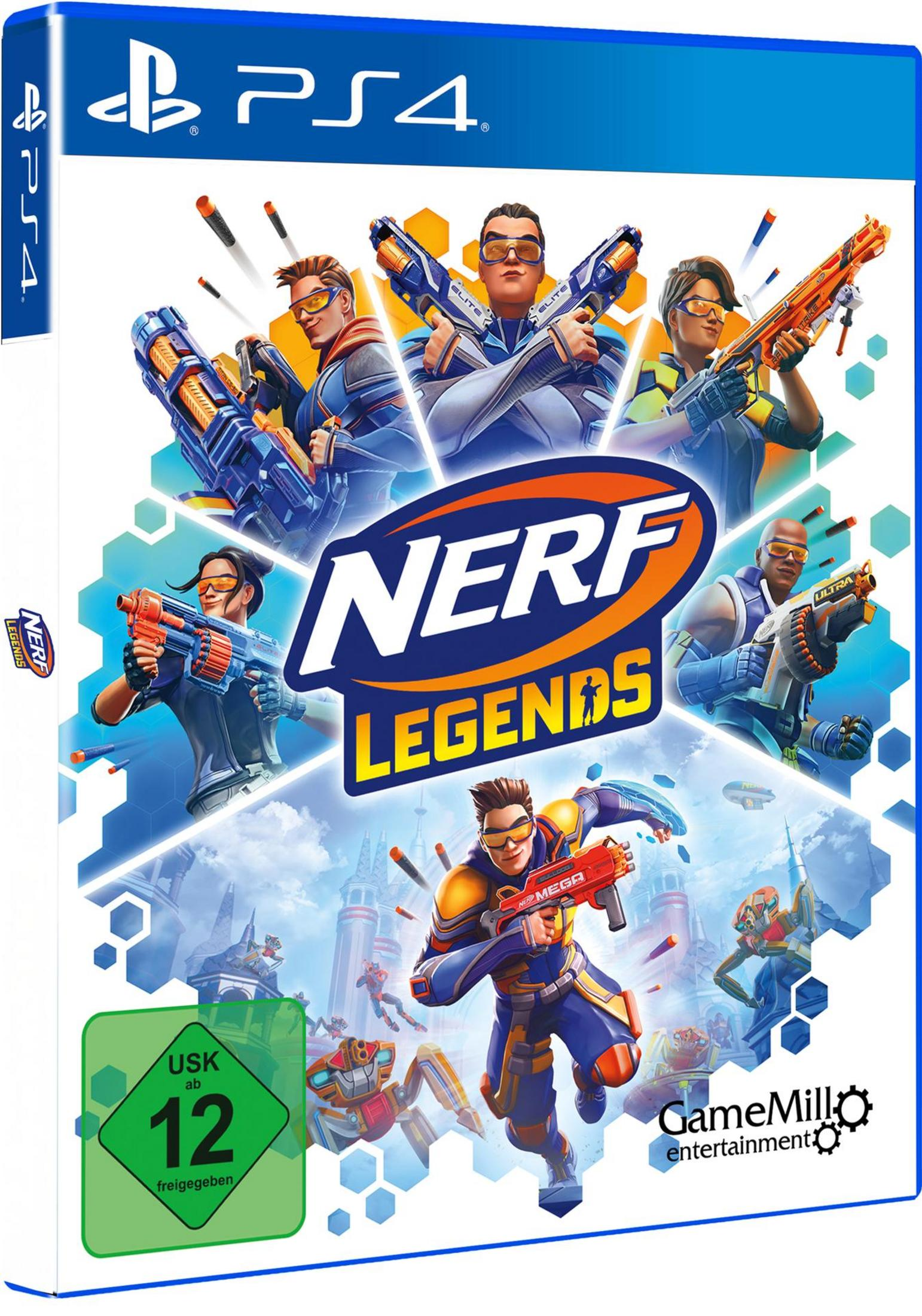 Nerf Legends PS4-Spielcover mit Charakteren, die Nerf-Waffen zielen.