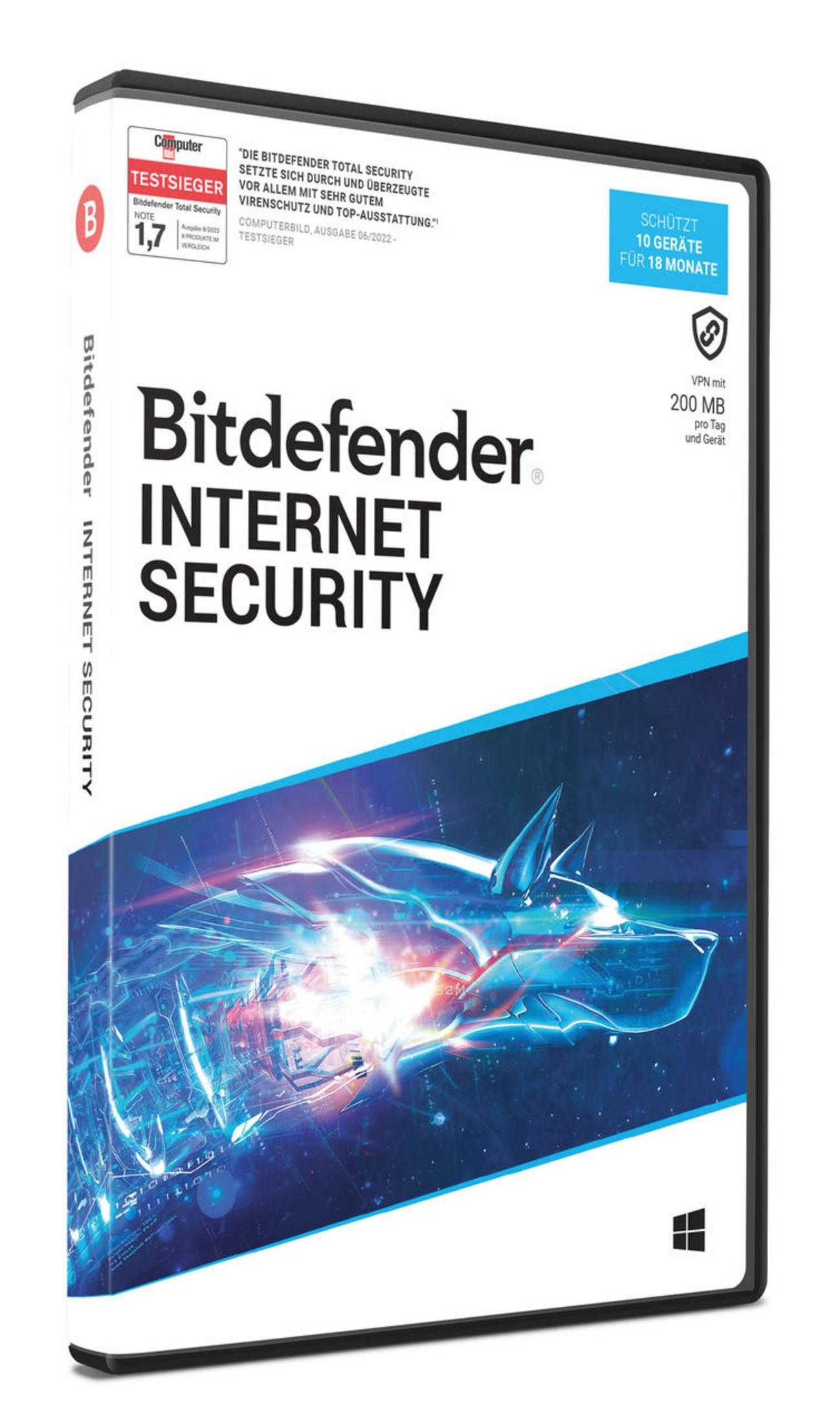 Scatola Bitdefender Internet Security, design blu e bianco, logo Windows.