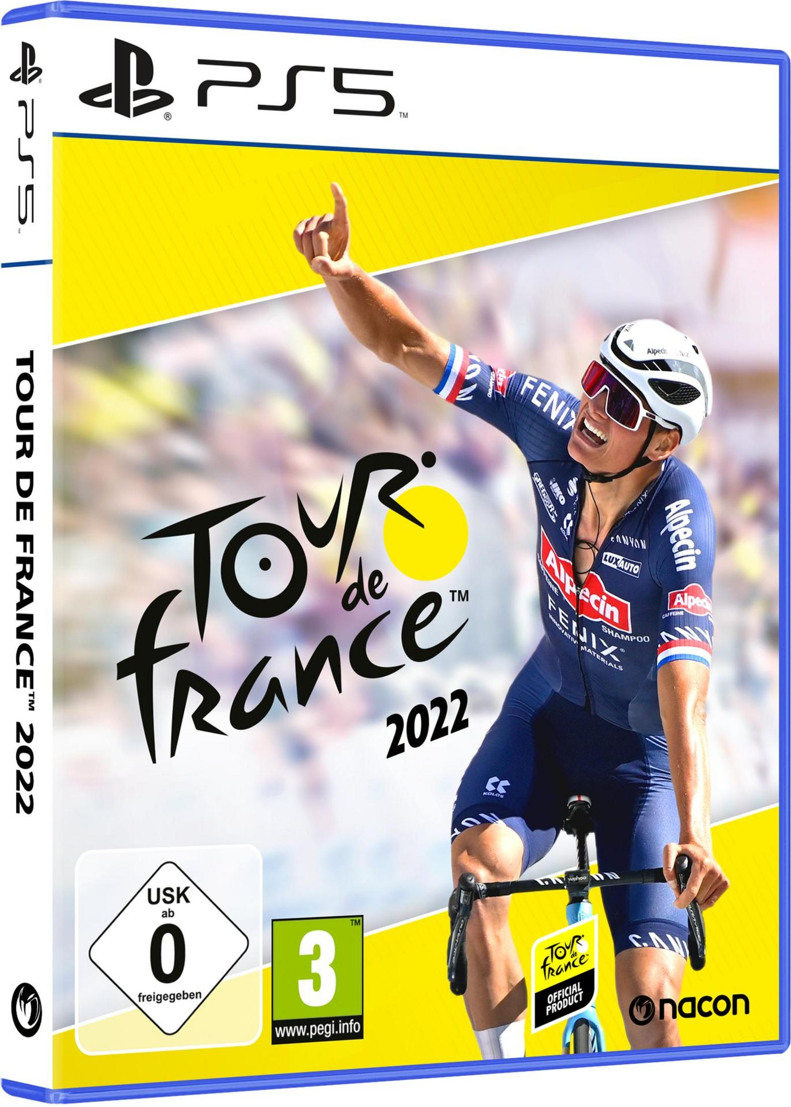 PS5-Spielbox, Tour de France 2022. Zeigt einen Radfahrer, der seinen Arm hebt. Gelb/weiße Box.