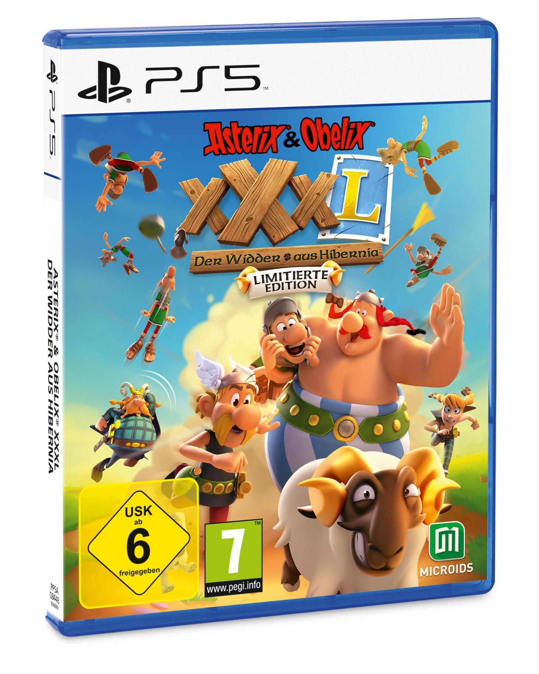 PS5-Spielbox, Asterix & Obelix, Zeichentrickfiguren, blaue Hülle, weißer Hintergrund.