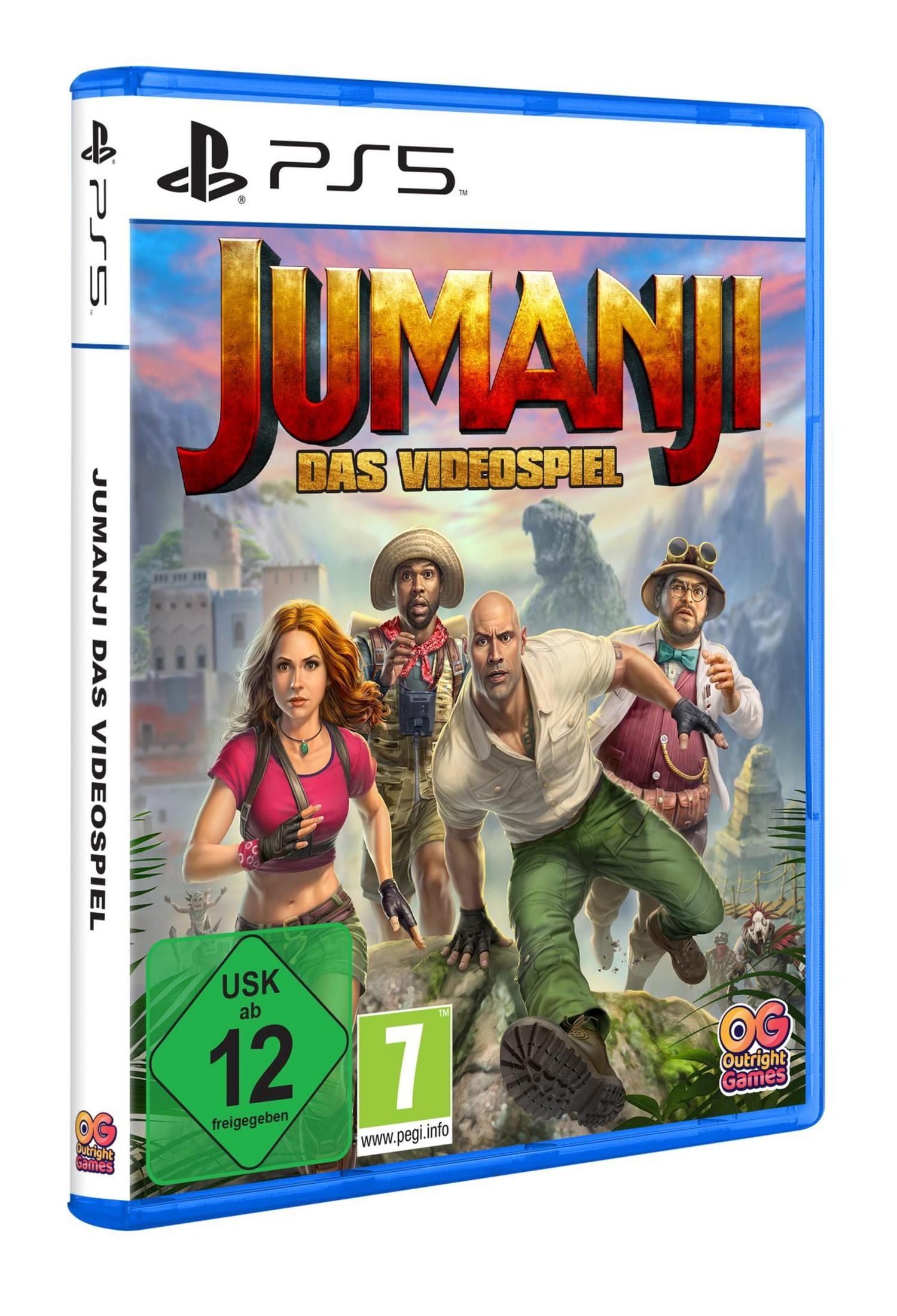 PS5-Spielbox für "Jumanji: Das Videospiel" mit Charakteren aus dem Film auf dem Cover.