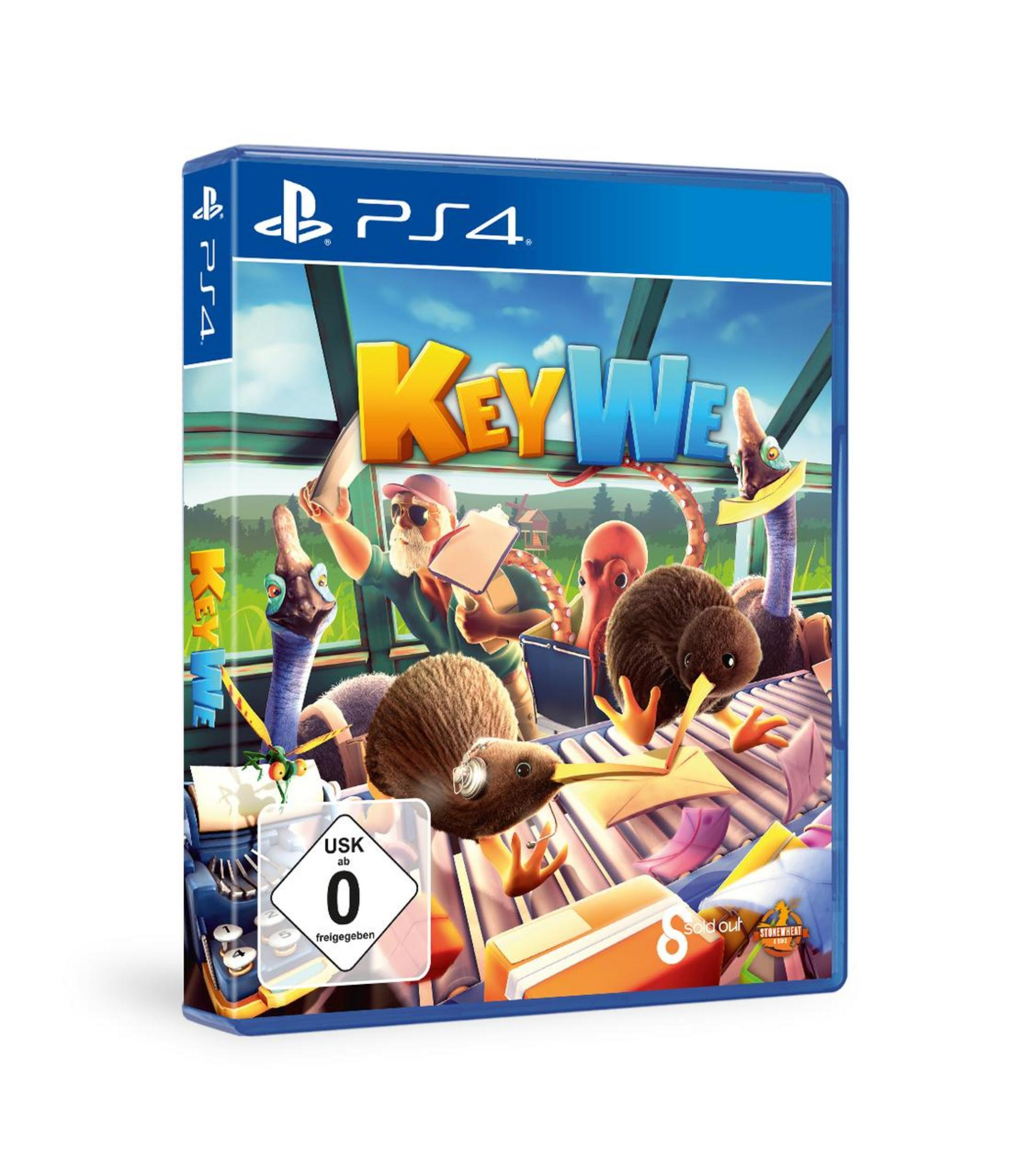 PS4-Spielverpackung für KeyWe, mit Kiwis, Post und einem bunten, cartoonartigen Stil.