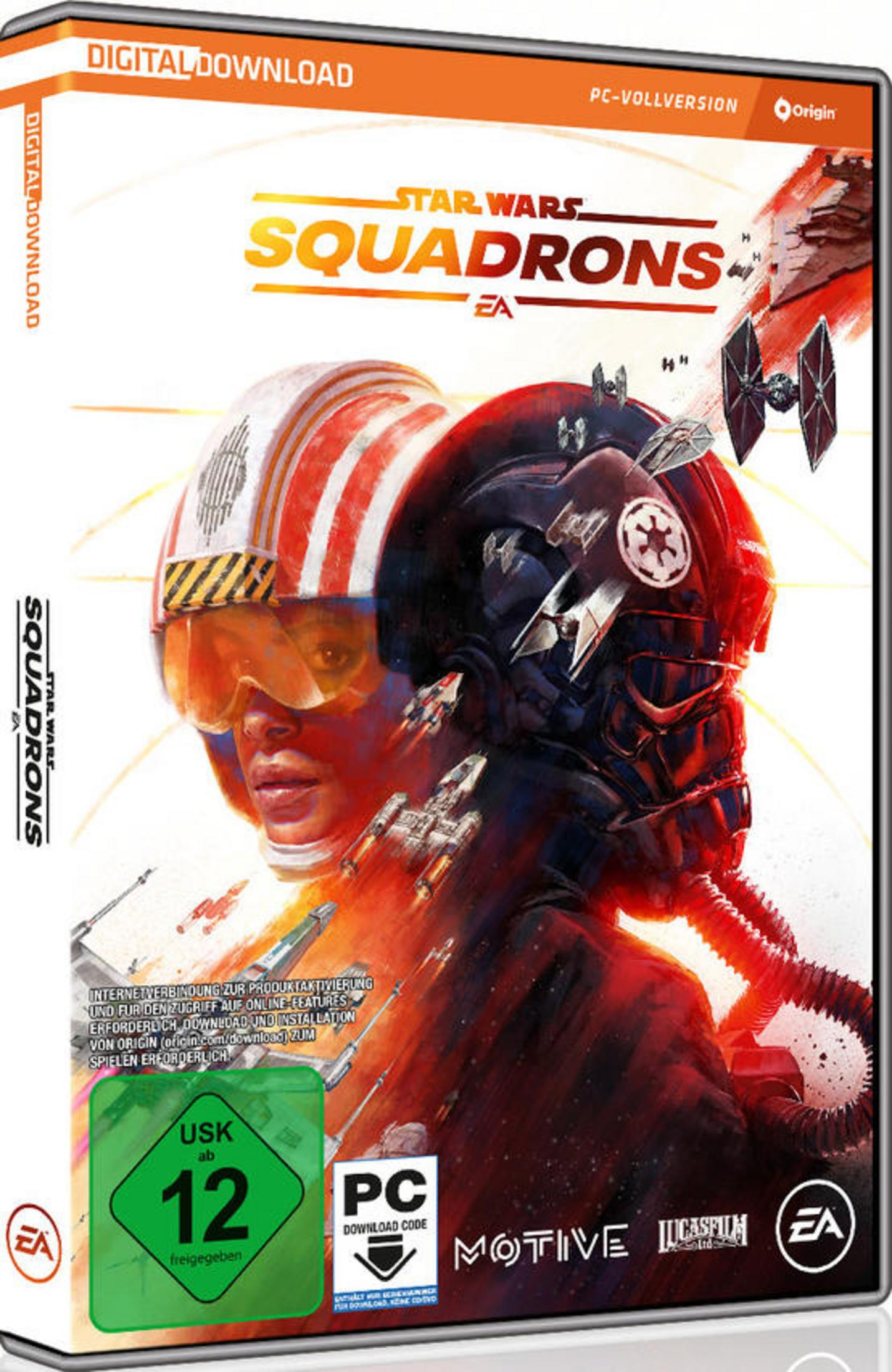 Spielbox. Star Wars Squadrons Spielcover mit Weltraumschlachtszene und Helm.
