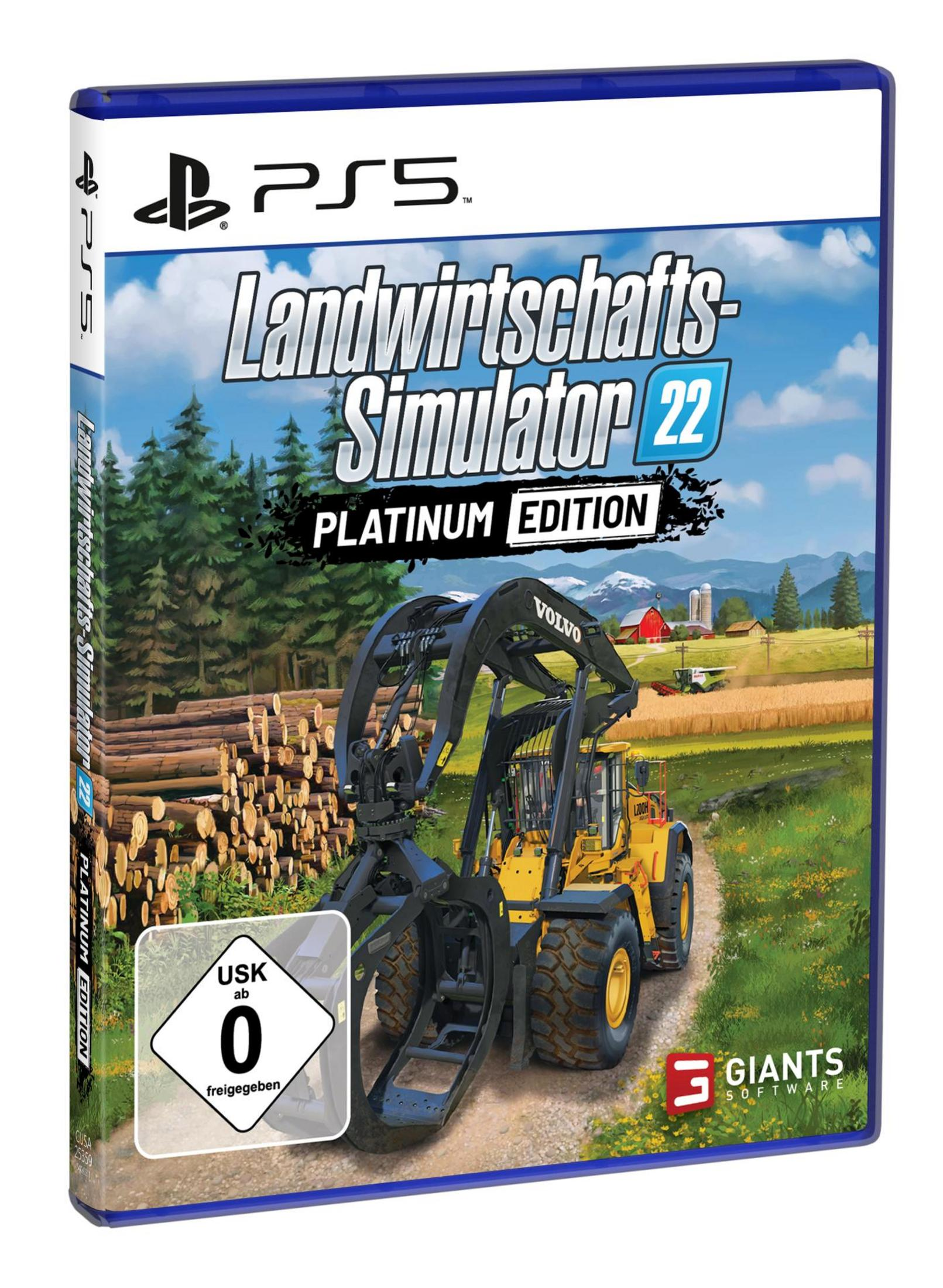 Spielbox für Landwirtschafts-Simulator 22 (PS5). Erntemaschine und Bäume sichtbar.