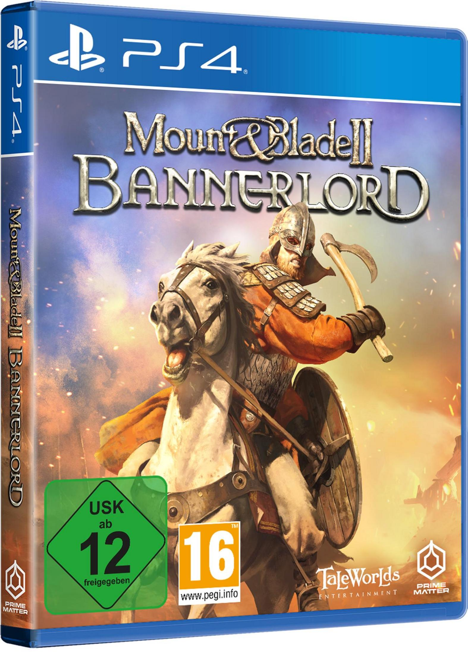 Spielbox mit einem Ritter auf einem weißen Pferd, der eine Axt hält. Der Hintergrund zeigt eine Burg und einen Sonnenuntergang.