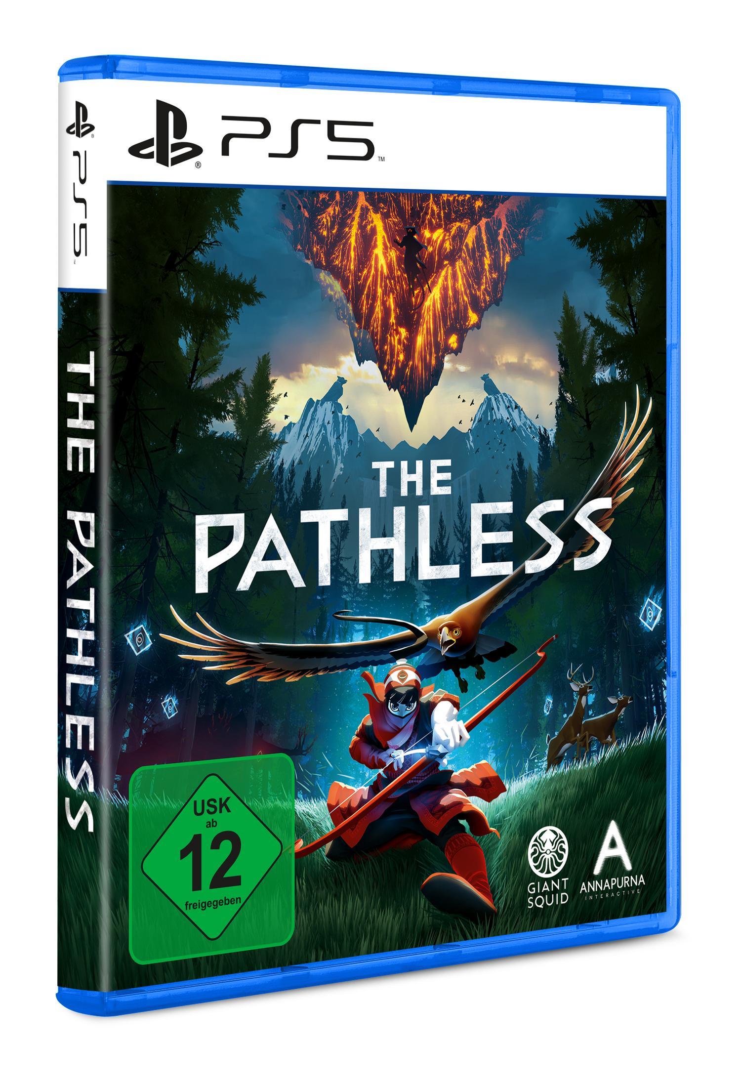 PS5-Spielhülle: The Pathless. Eine Figur mit Bogen, ein Adler, ein Wald und ein Berg-Hintergrund.