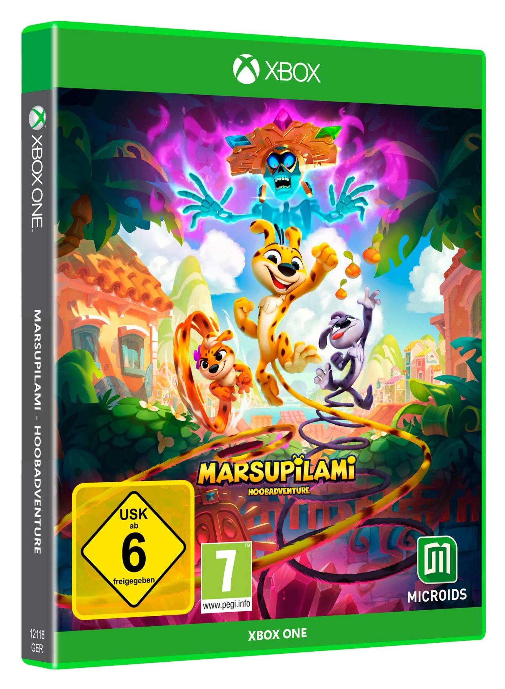 Xbox One Spiel "Marsupilami: Hoobadventure" mit bunten Charakteren und einem Skelettkopf.