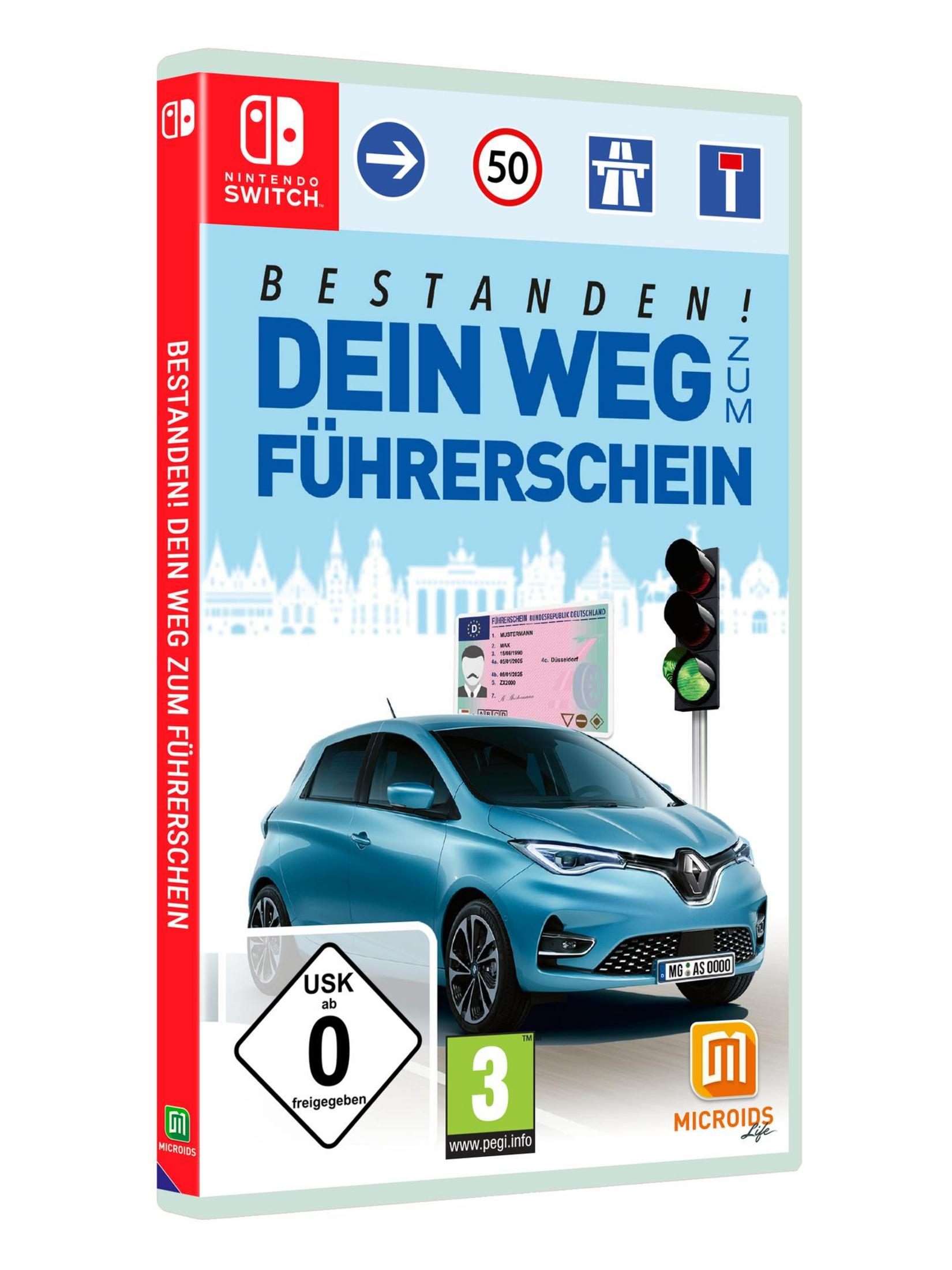 Spielcover für Bestanden! Dein Weg zum Führerschein. Ein blaues Auto, eine Ampel und ein Führerschein.