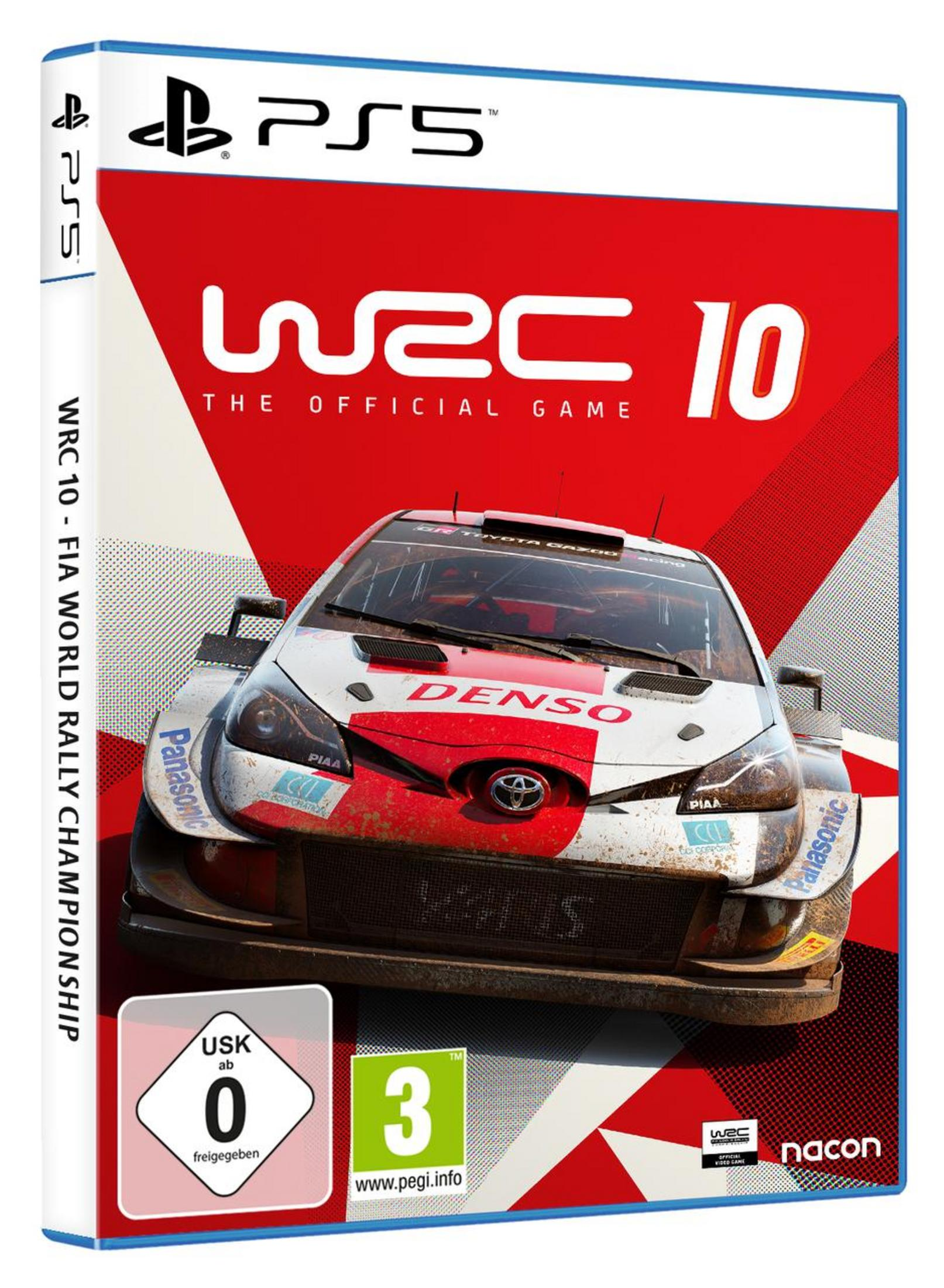 PS5-Spielhülle: WRC 10 The Official Game. Ein Rallye-Auto auf dem Cover. Roter und weißer Hintergrund.