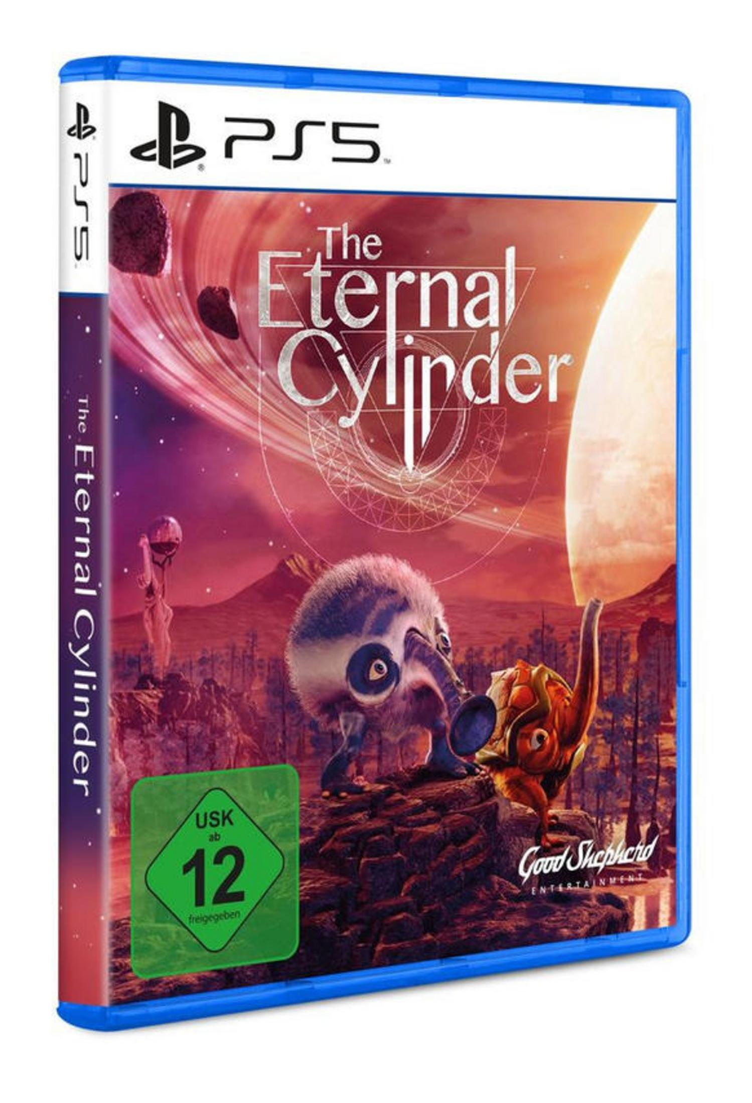 Spielcover für The Eternal Cylinder. Enthält außerirdische Kreaturen und einen Planeten mit roten und rosa Nebeln.