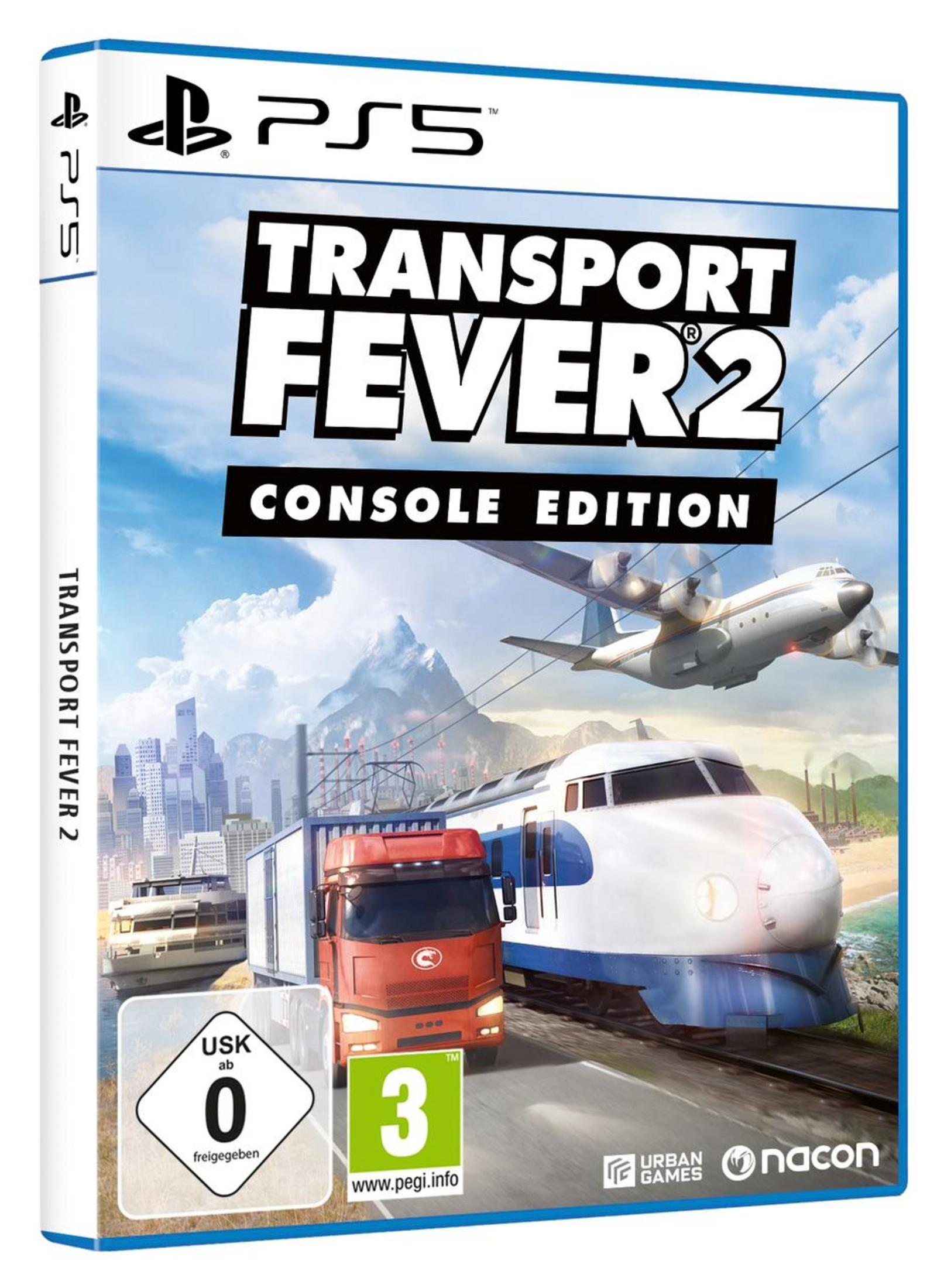 Transport Fever 2 Spielbox zeigt Zug, LKW, Flugzeug und Stadt im Hintergrund.