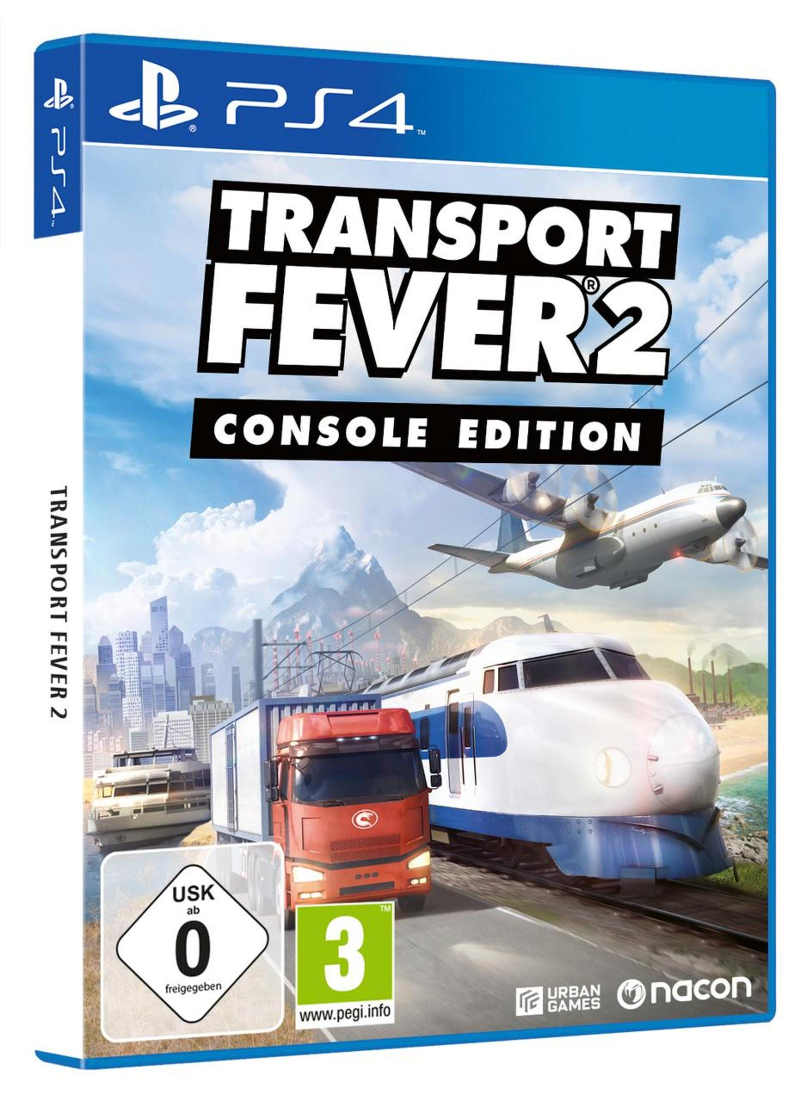 PS4 Transport Fever 2 Spielbox. Zeigt einen LKW, Zug und Flugzeug in einer Stadtszene.