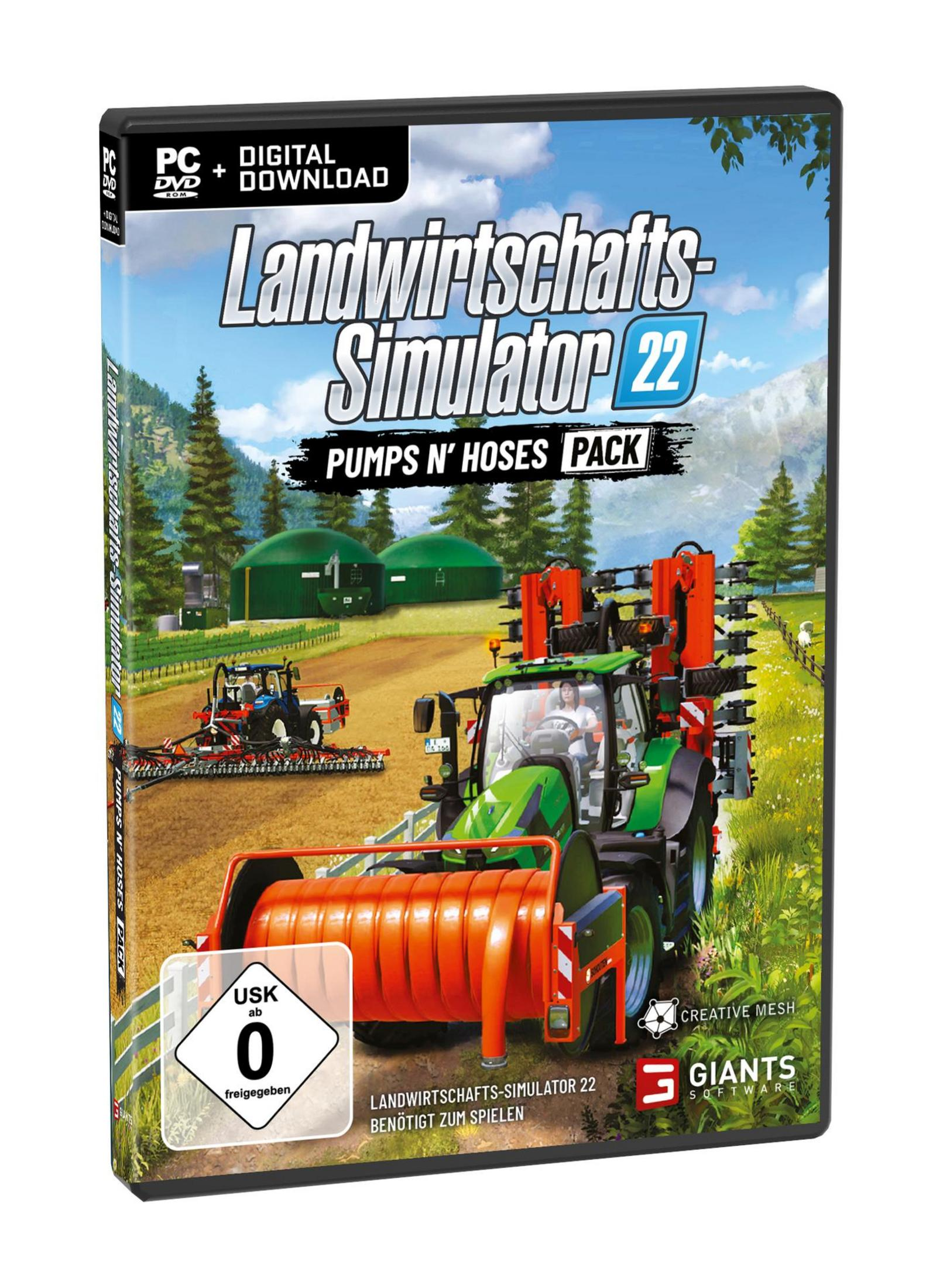 Landwirtschafts-Simulator 22 - Pumps N' Hoses Pack Spielbox für PC. Ein Traktor auf einem Feld mit Landwirtschaftsgerät.