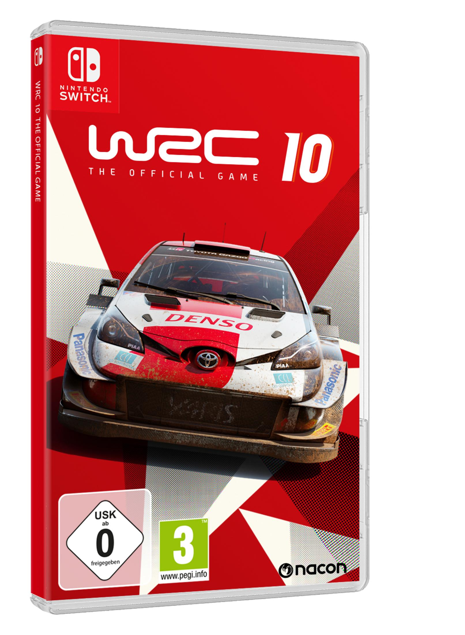 Gamecover: Een rallyauto racet op een rode en witte achtergrond. Tekst: WRC 10 The Official Game.