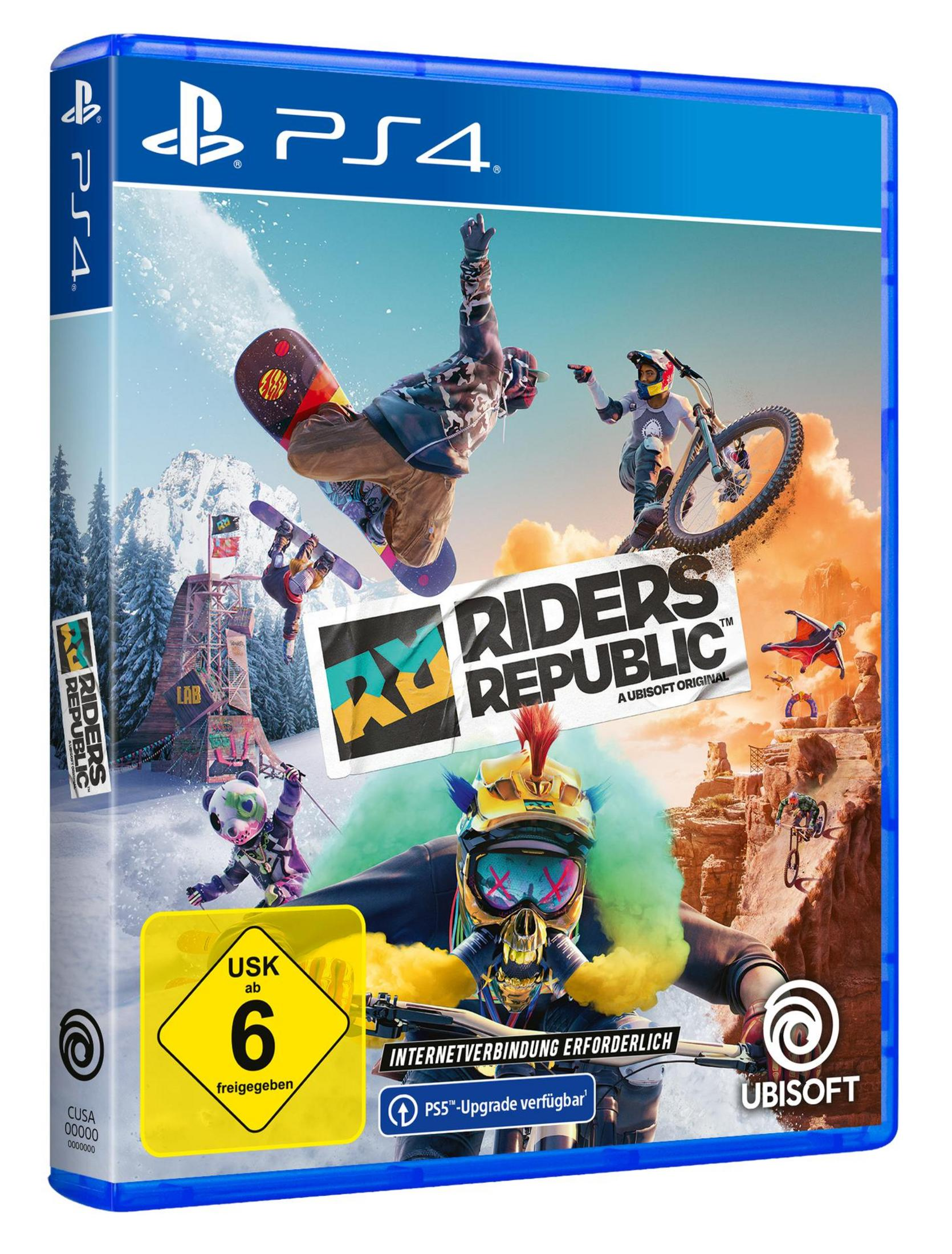 PS4-Spielcover: Riders Republic mit Snowboarden, Biken und anderen Actionsportarten. Action-Szene.