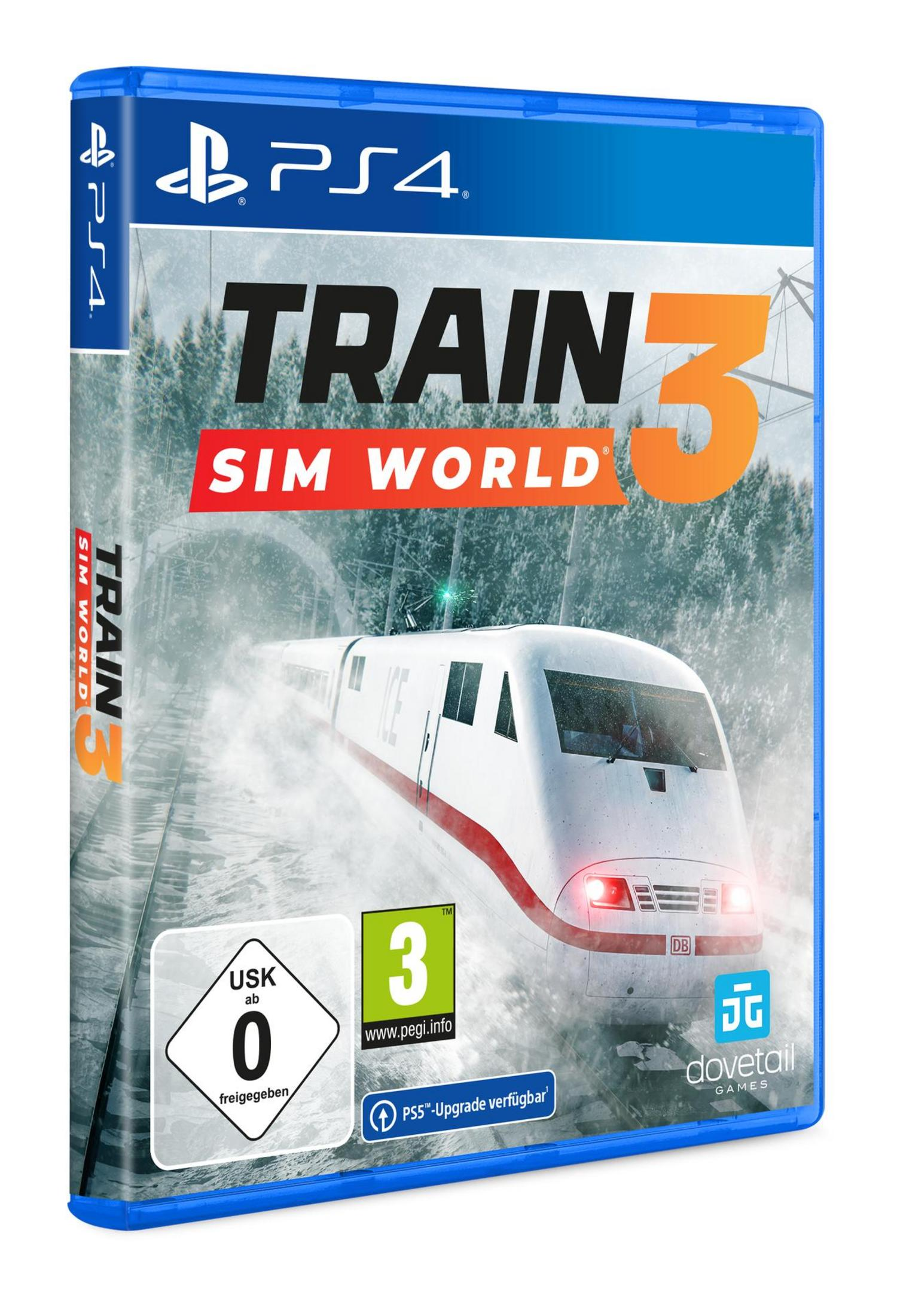 Train Sim World 3 PS4-Spielhülle, mit einem Zug und schneebedeckter Landschaft auf dem Cover.
