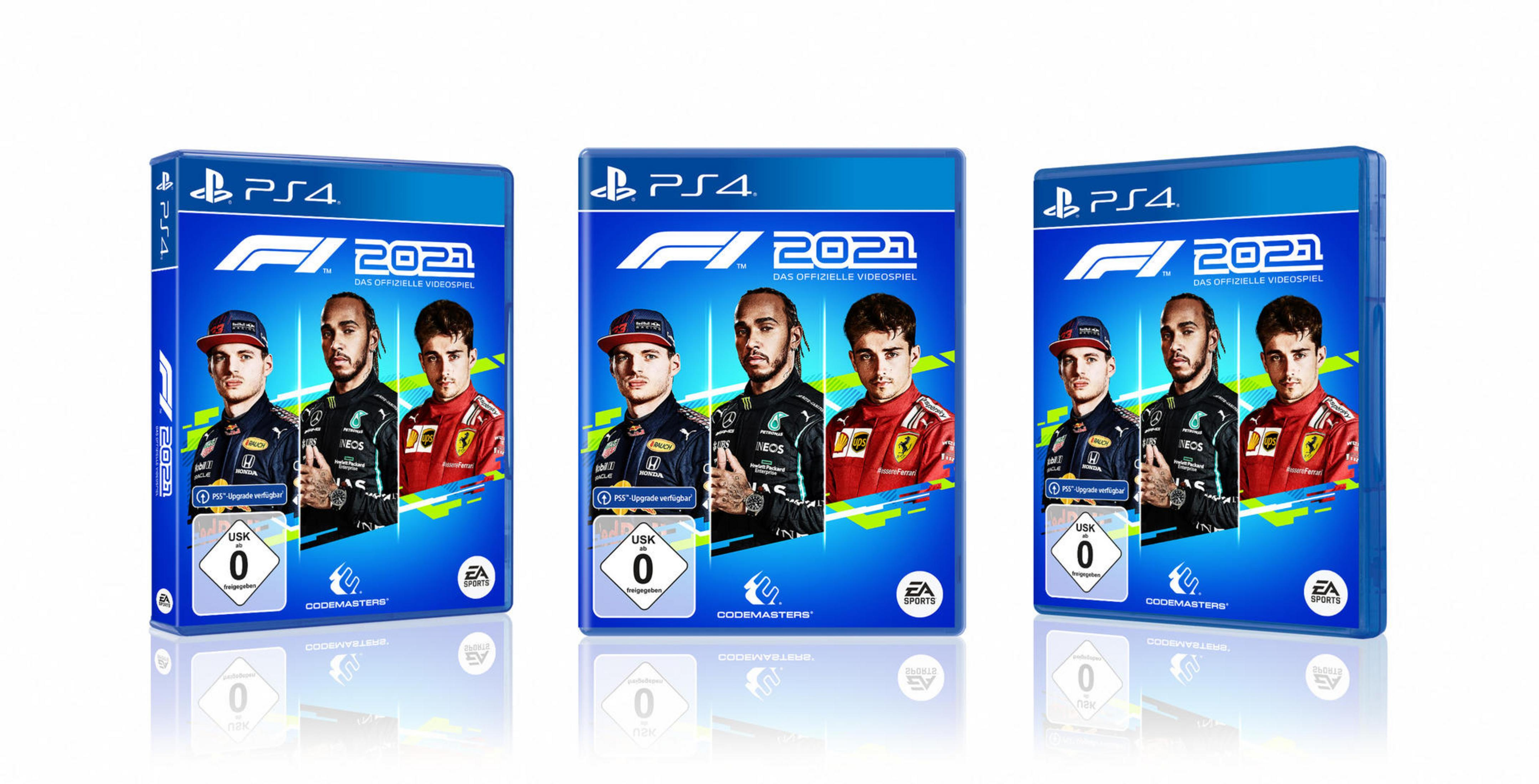 F1 2021 Spielboxen. Drei Spielboxen werden gezeigt, mit Fahrern auf dem Cover.