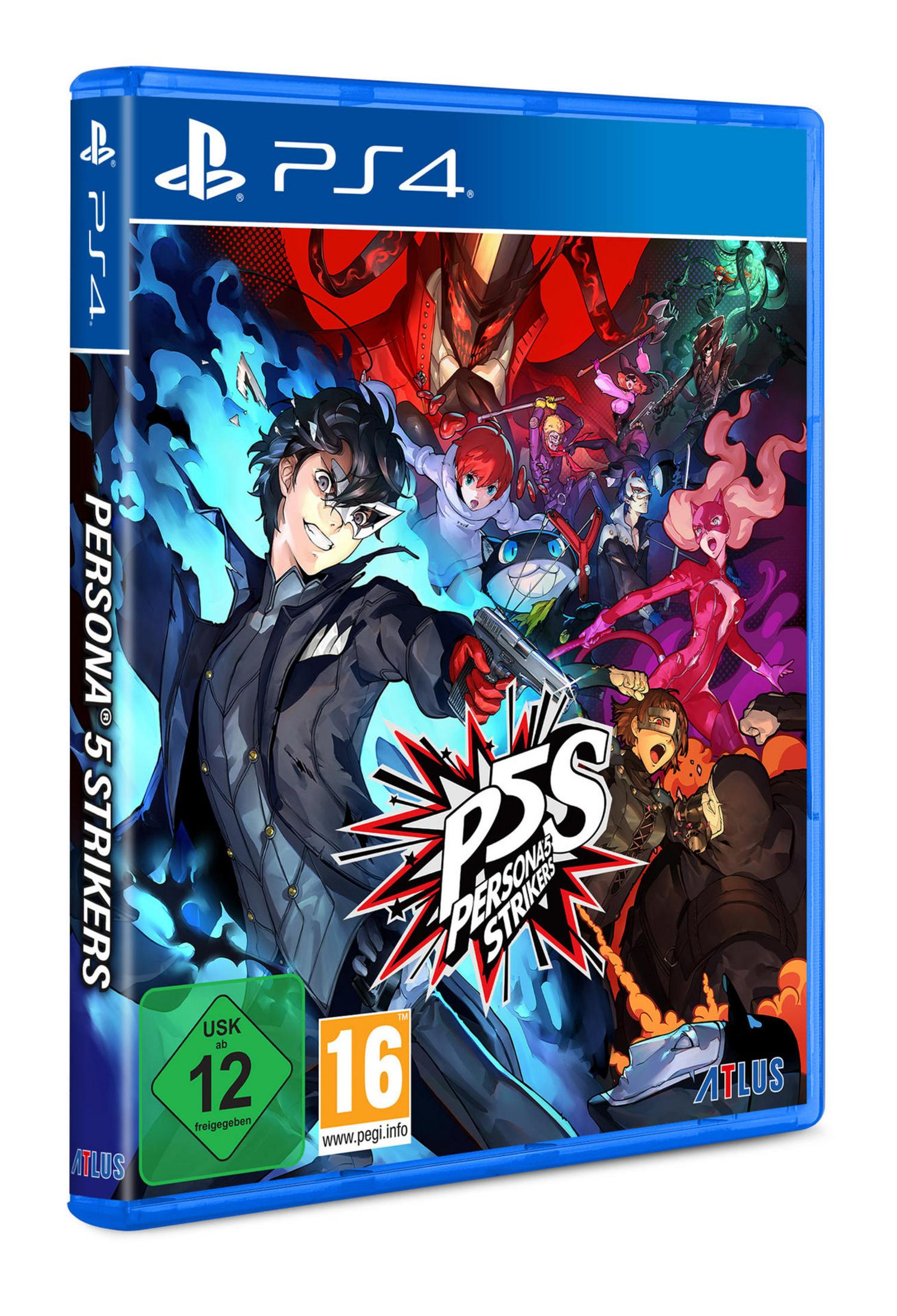 Blaue PS4-Spielhülle von Persona 5 Strikers mit Charakteren auf dem Cover.