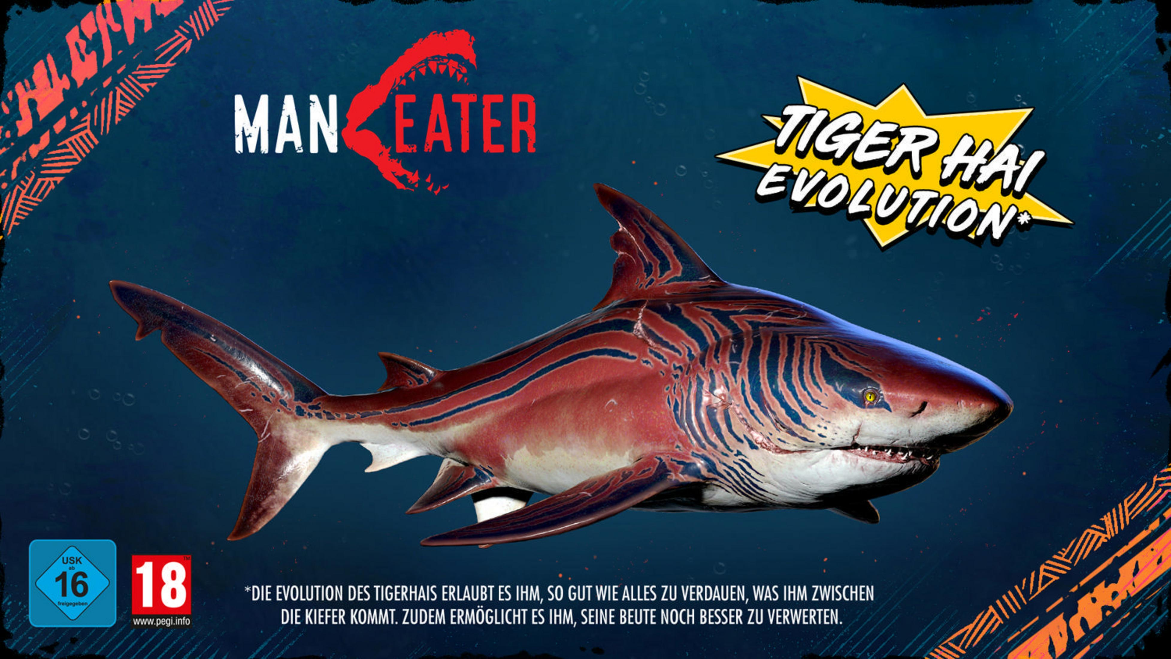 Okładka gry Maneater i Tiger Hai Evolution, rekin z czerwonymi i brązowymi oznaczeniami, niebieskie tło, tekst.