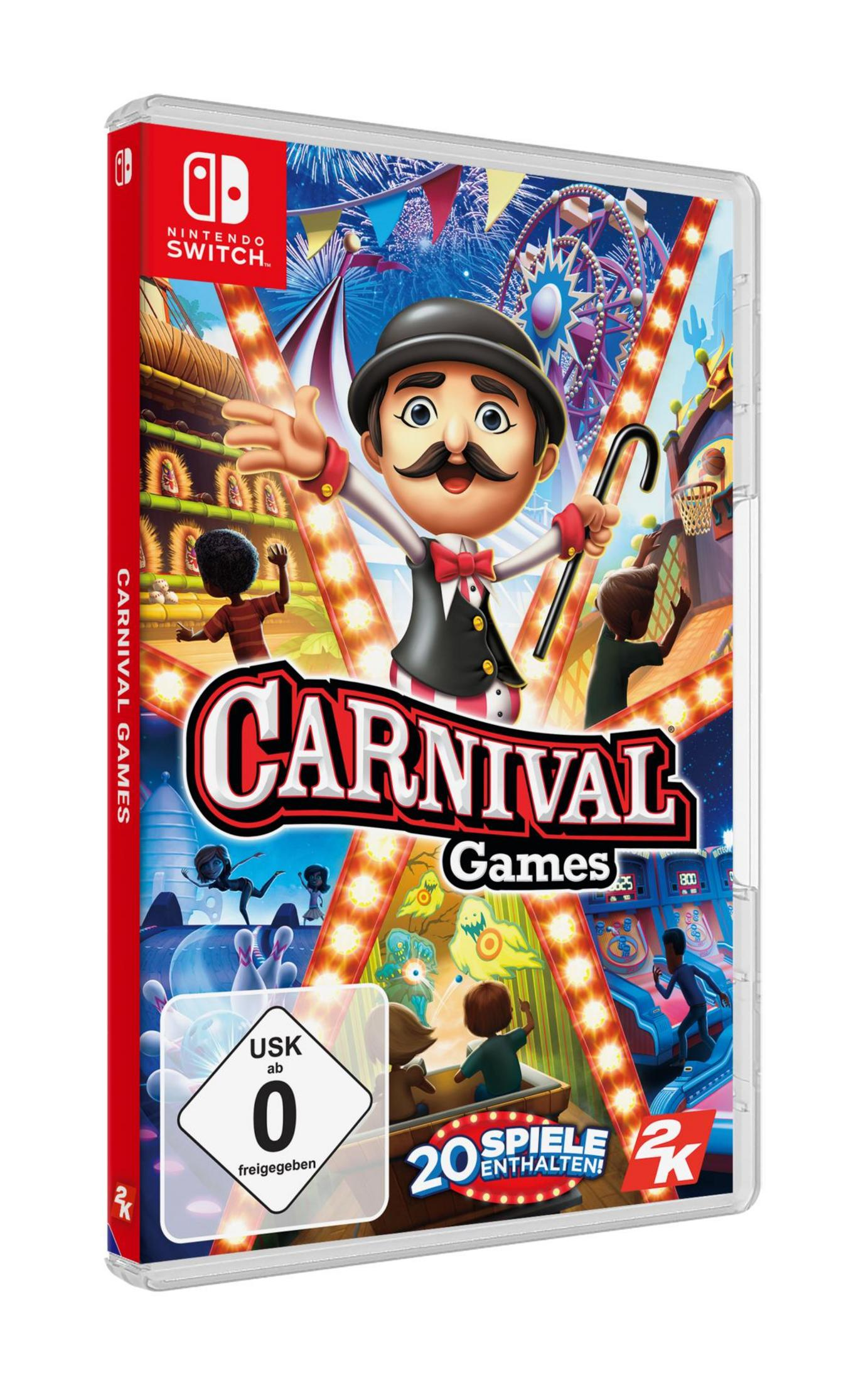 Illustrazione della scatola del gioco: un presentatore di carnevale, con il titolo "CARNIVAL GAMES". Sfondo colorato con vari giochi di carnevale.