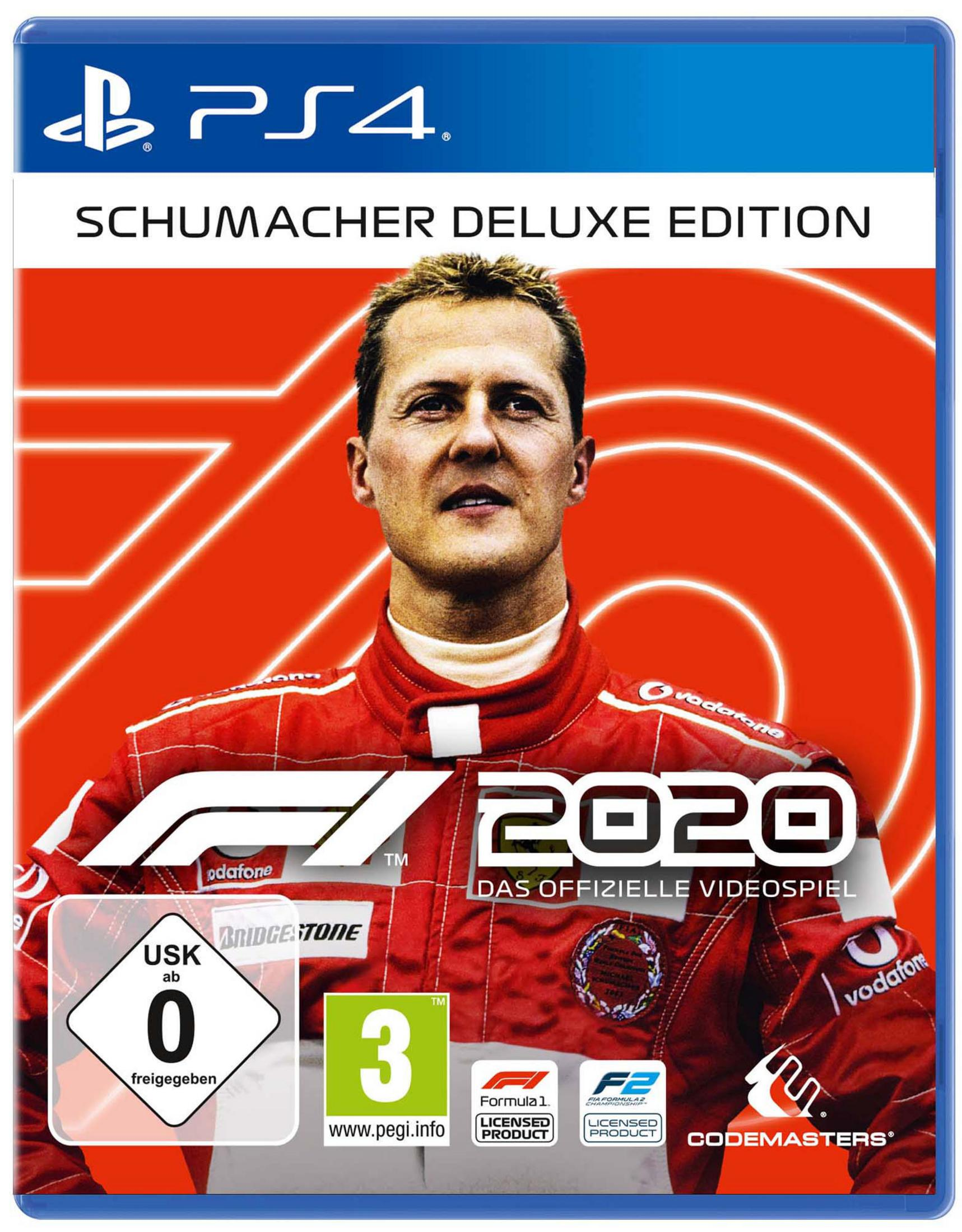 PS4-Spielcover von Michael Schumacher im roten Rennanzug für F1 2020.