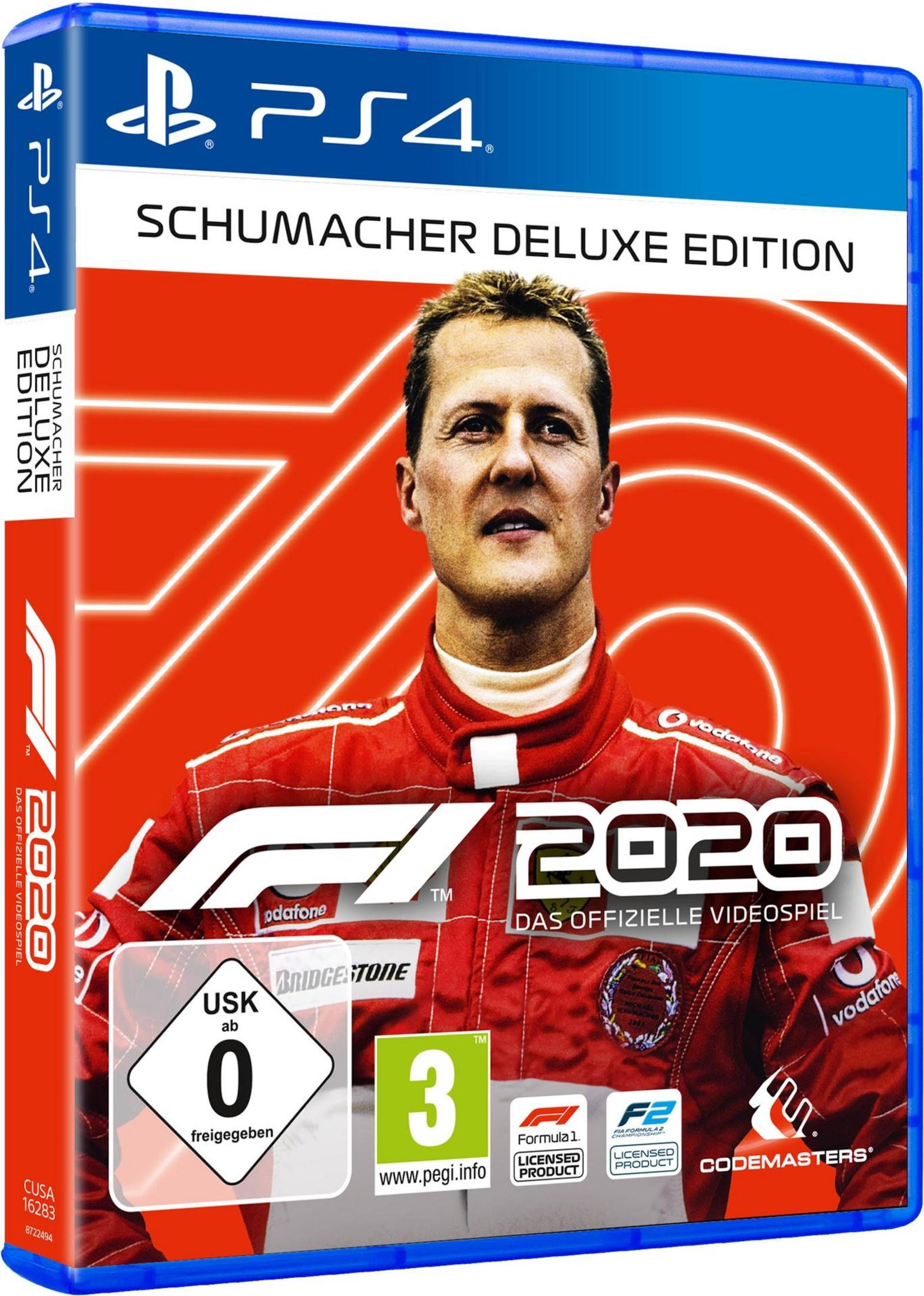 F1 2020 Spielbox. Ein Mann in rotem Rennanzug ist auf dem Cover.